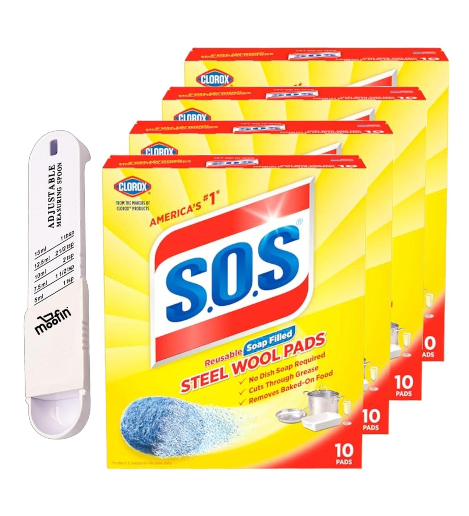 S.O.S Steel Wool Pads 10 Ct - Heavy Duty Cleaning & Scrubbing Soap Pads with Moofin Spoon | Ideal for Rust Removal from Metal Wood & Plastic - Buy Online on GoSupps.com