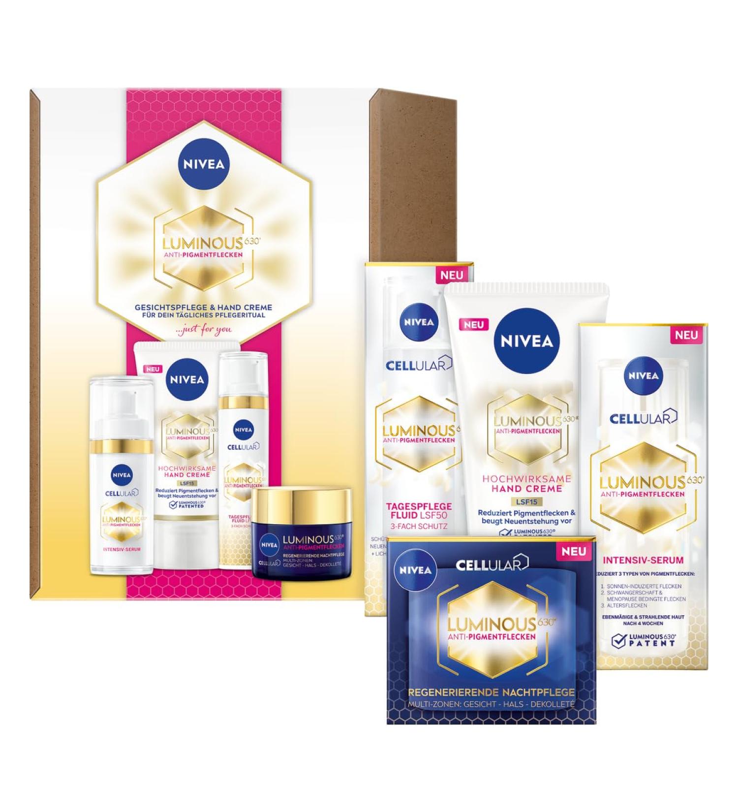 Nivea Cellular Luminous Anti-Pigment Spots Set | Face Serum Day & Night Creams Hand Cream | Anti-Aging Skin Care with Hyaluronic Acid - Shop Internationally - Buy Online on GoSupps.com