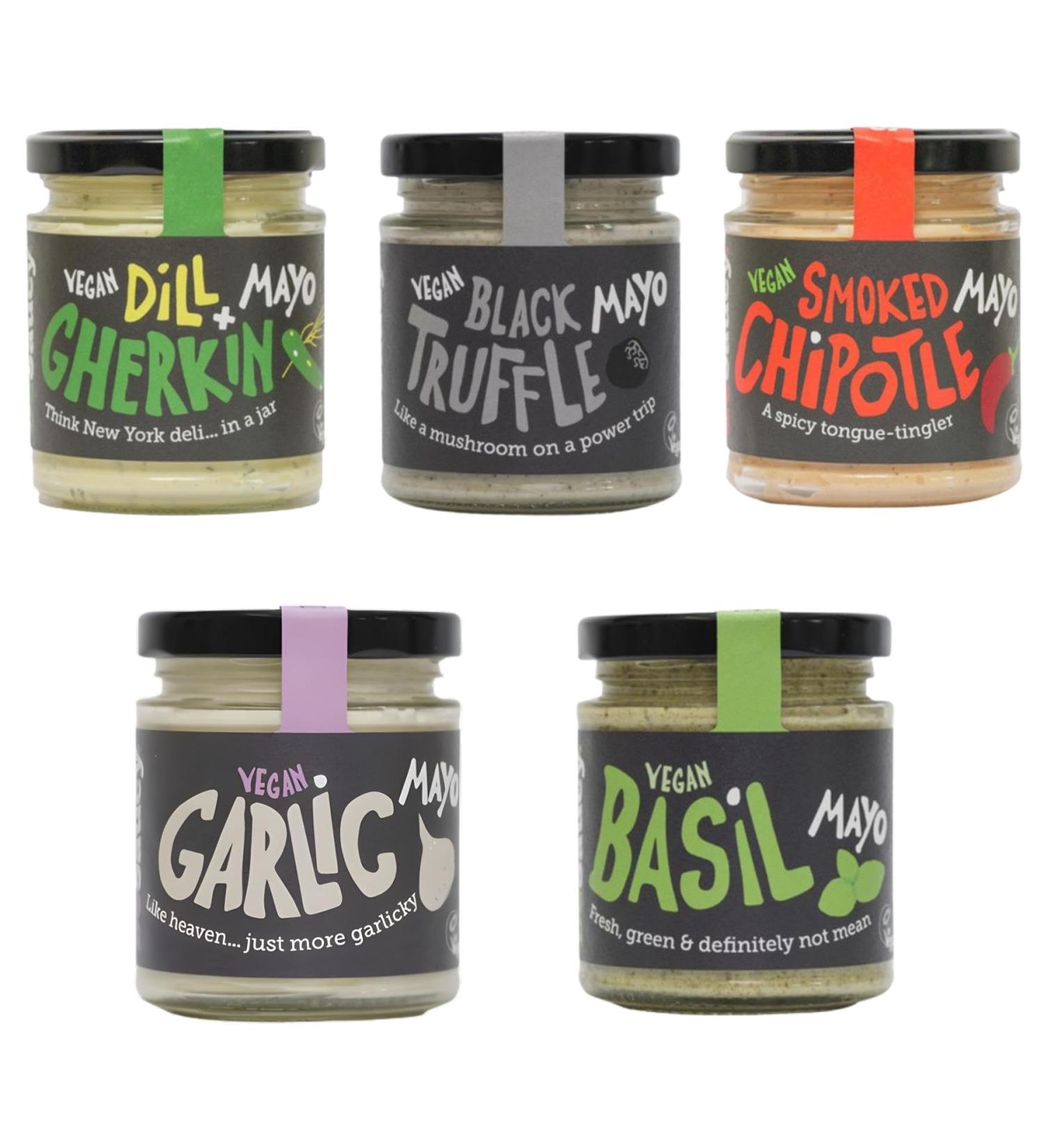 BeSaucy Vegan Mayo Jar Pick N Mix - Choose From 5 Flavours | Basil Black Truffle Dill & Gherkin Garlic Smoked Chipotle Vegan-Mayonnaise - Pack of 4 x 180g Glass-Jar - Buy Online on GoSupps.com