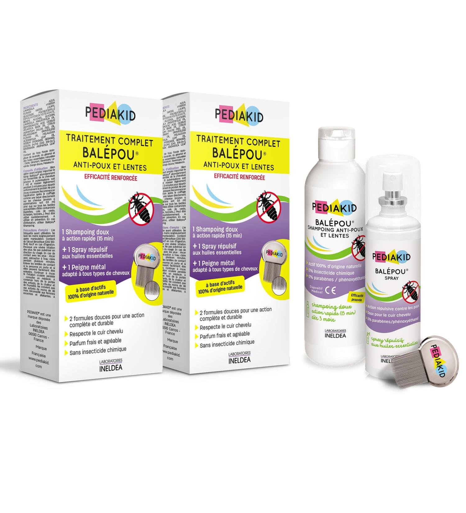 PEDIAKID - Traitement complet Bal pou anti-poux et lentes - 1 Shampoing Anti-Poux et Lentes 200 ml + 1 Spray R pulsif 100 ml + 1 peigne - Lot de 2 - Buy Online on GoSupps.com
