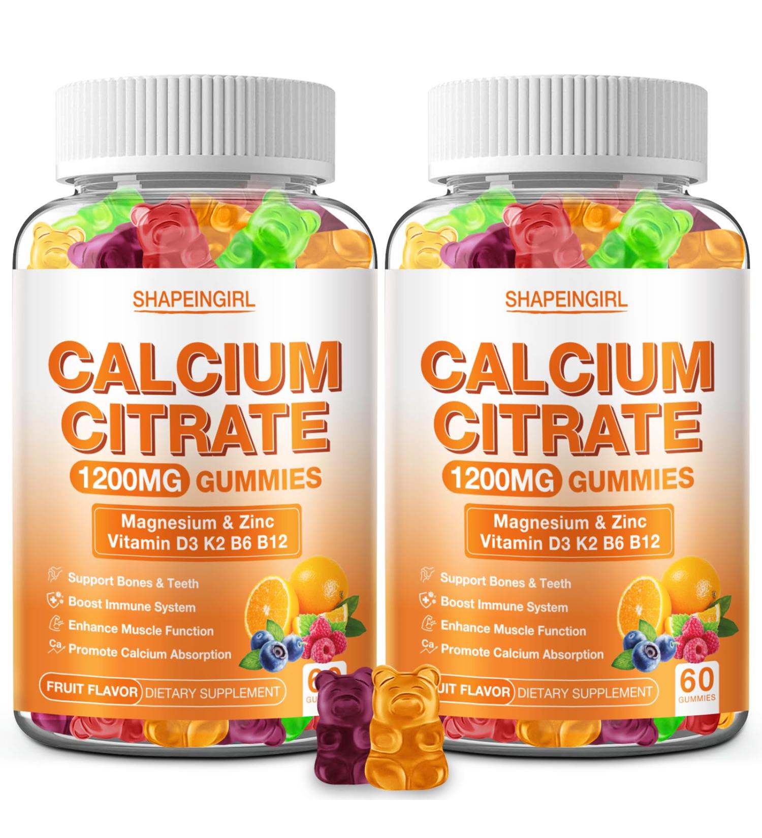 1200mg Calcium Citrate with Vitamin D3 K2 B6 & B12 Calcium Supplements for Women & Men Plus Magnesium Zinc for Bones Muscle & Immune Support High Absorption Fruit Flavor 120 Calcium Gummies 60 Count (Pack of 2) - Buy Online on GoSupps.com