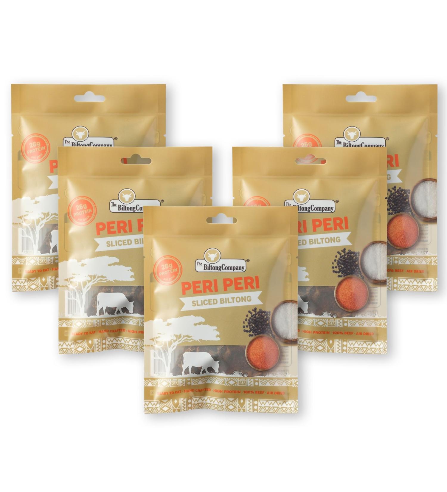 Peri Peri Sliced Biltong 5 x 50g (250g) Natural Spicy Beef Biltong by The Biltong Company High in Protein & Keto Diet-Approved Lean Biltong Spiced Meat Snack Like Jerky