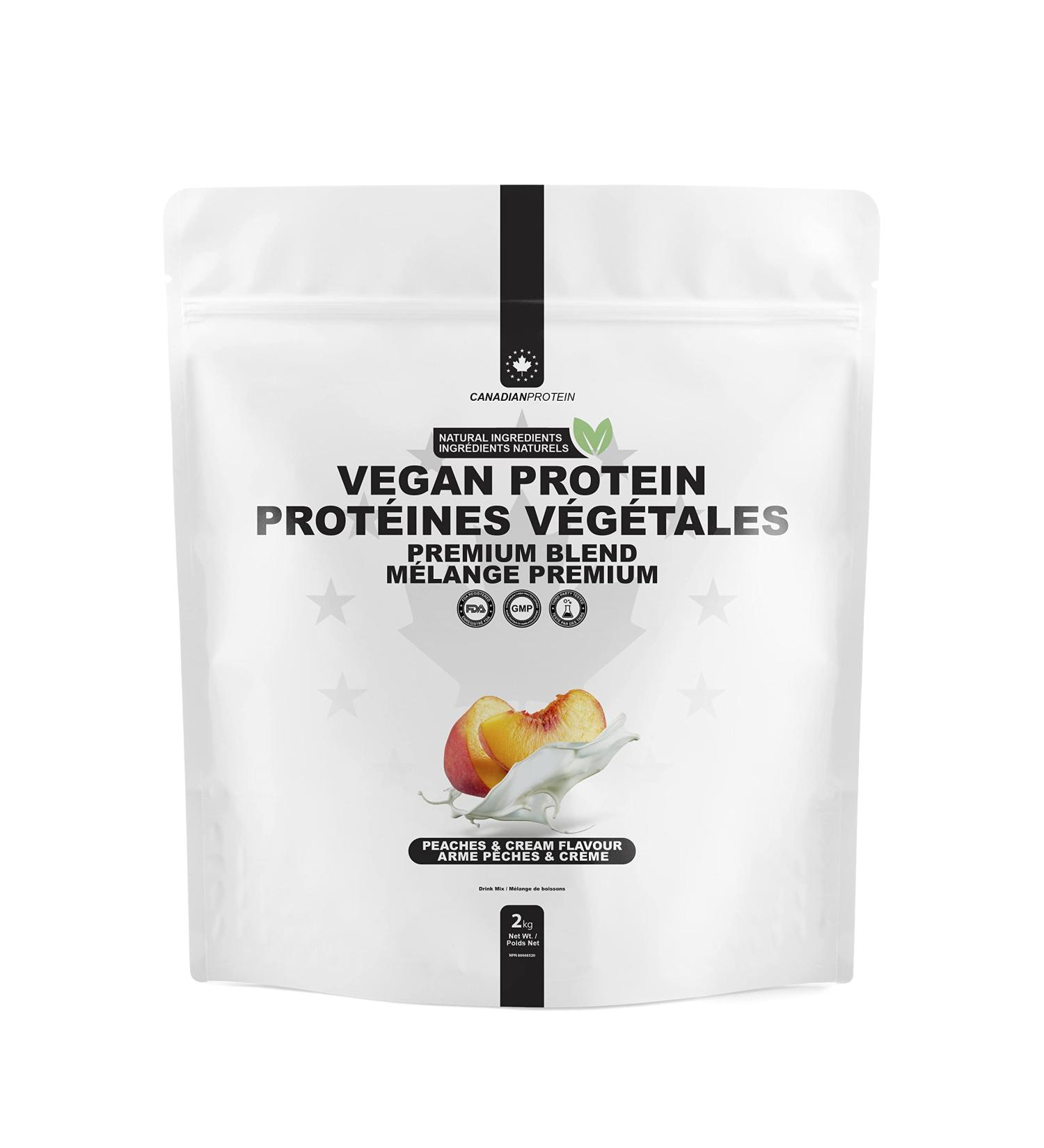 Canadian Protein Vegan Protein Blend Powder 22g of Plant-Based Protein | 2 kg of Peaches & Cream Flavoured Workout Recovery Drink | Contains Pea Protein Isolate Brown Rice Protein and Hemp Protein Peaches & Cream 2 kg - Buy Online on GoSupps.com