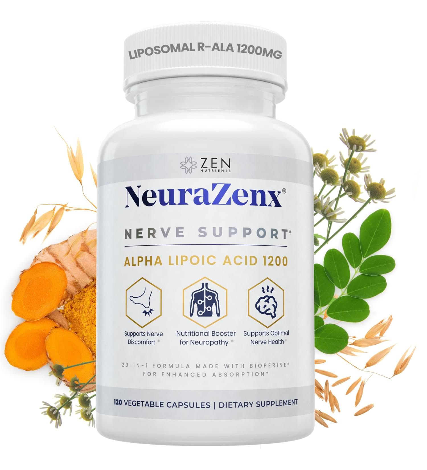 Zen Nutrients 1200mg Alpha Lipoic Acid R Matrix + Benfotiamine + B Complex Nerve Support - NeuraZenX Neuropathy Support Supplement with L-Carnitine and Turmeric (120 Capsules) - Buy Online on GoSupps.com