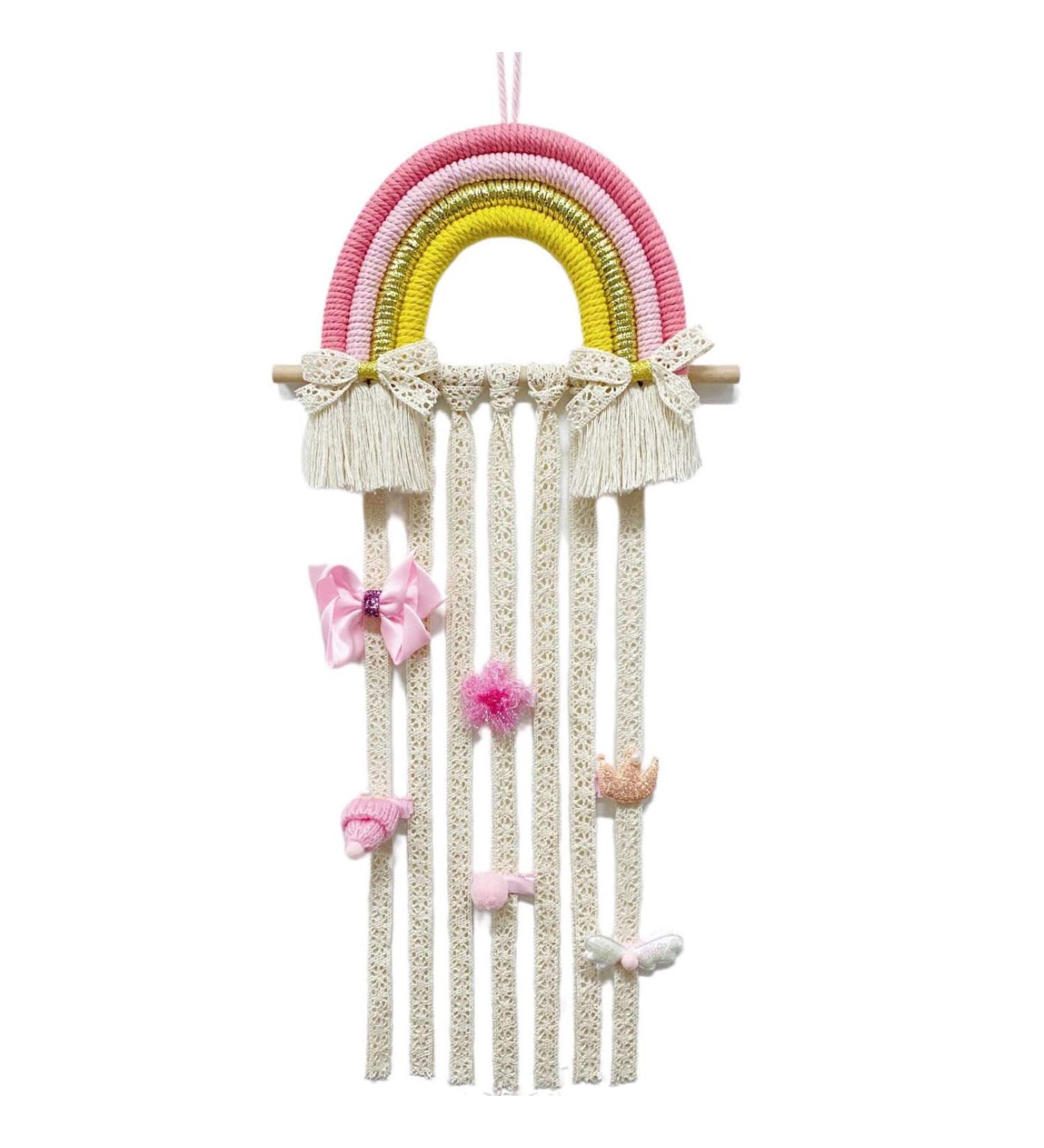 Handmade Bohemian Hair Bows Holder - Rainbow Hanger for Girls Clips - Cream Pink Organizer and Decoration - Buy Online on GoSupps.com