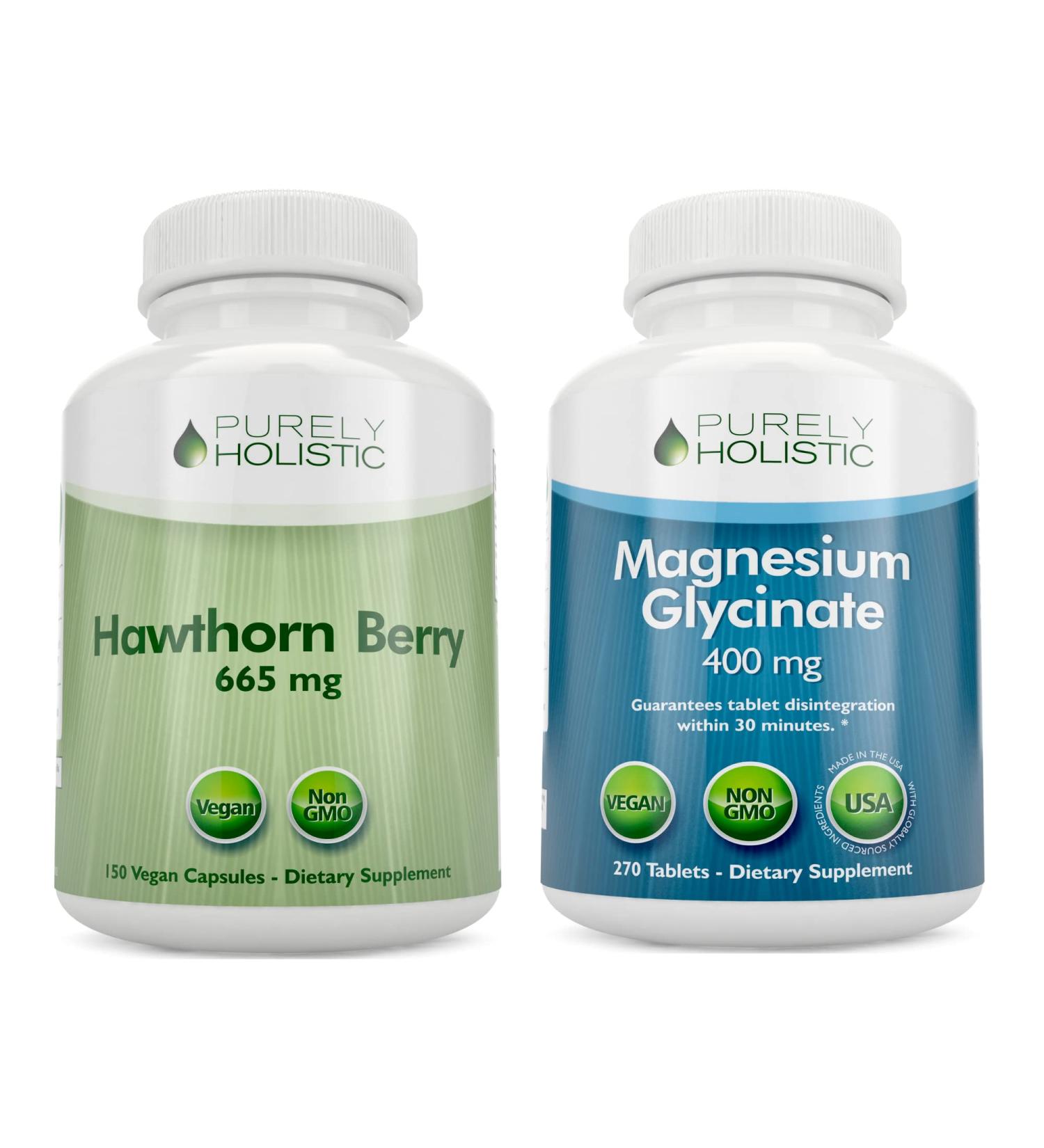 Purely Holistic Hawthorn Berry 665mg + Magnesium Glycinate 400mg + 150 Capsules & 270 Tablets - Vegan Bundle - Made in The USA - Buy Online on GoSupps.com