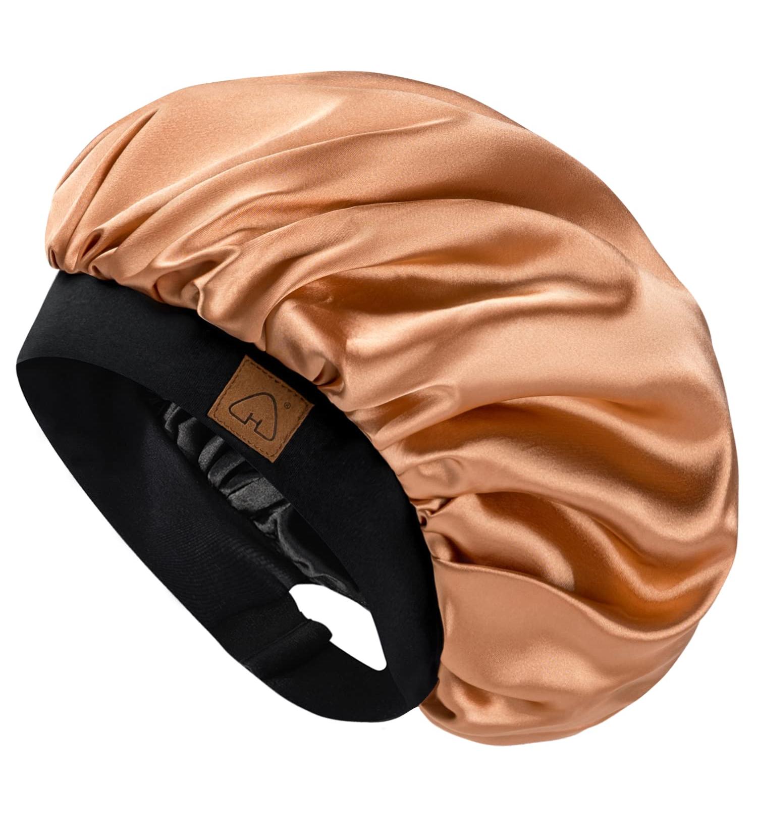 Hat Hut Satin Bonnet Silk Sleep Cap for Curly Hair - Adjustable Wide Band, Double Layer, One Size - GOLD - Buy Online on GoSupps.com