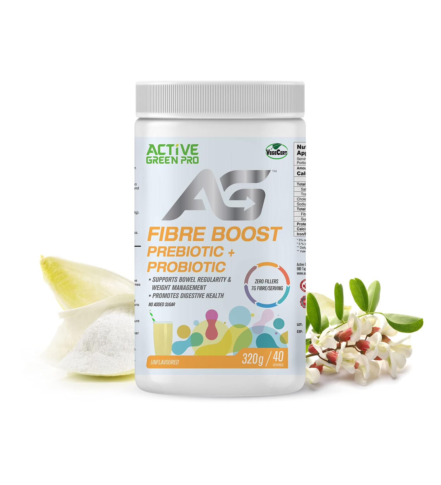 Active Green Pro - Fibre Boost Prebiotic + Probiotic - Organic Powder - Enzyme & Vitamin Production - Supports Bowel Regularity - Weight Management - Digestive Health - Unflavoured - Gluten Free - Sugar Free - No Fillers - 320g/40 Servings - Easy to Mix - Buy Online on GoSupps.com
