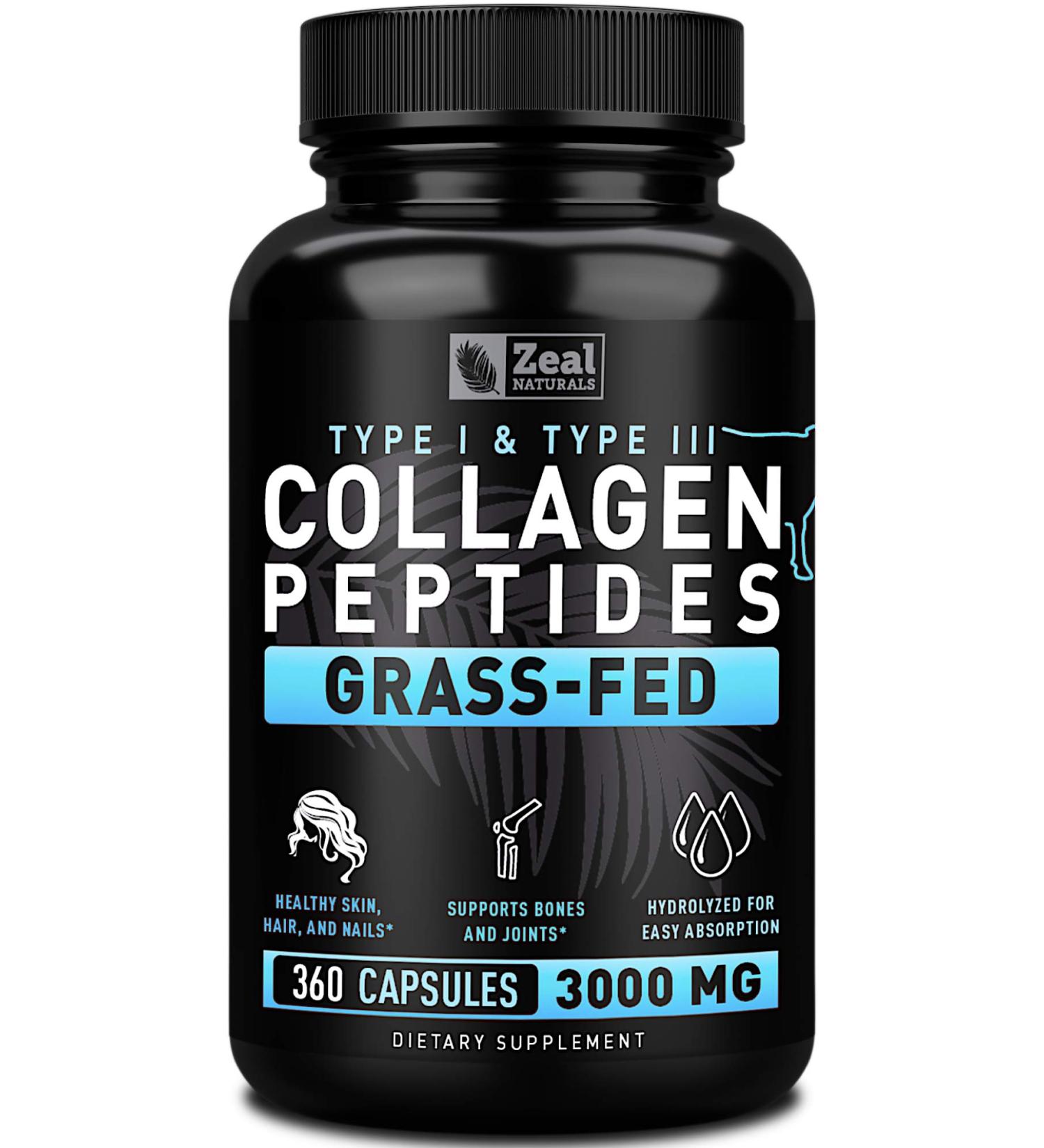 Zeal Naturals Collagen Peptides Collagen Pills (360 Capsules) Grass Fed Collagen Pepetide Powder - Hydrolyzed Collagen Powder for JointTendon SupplementHair Skin and Nails - - Buy Online on GoSupps.com