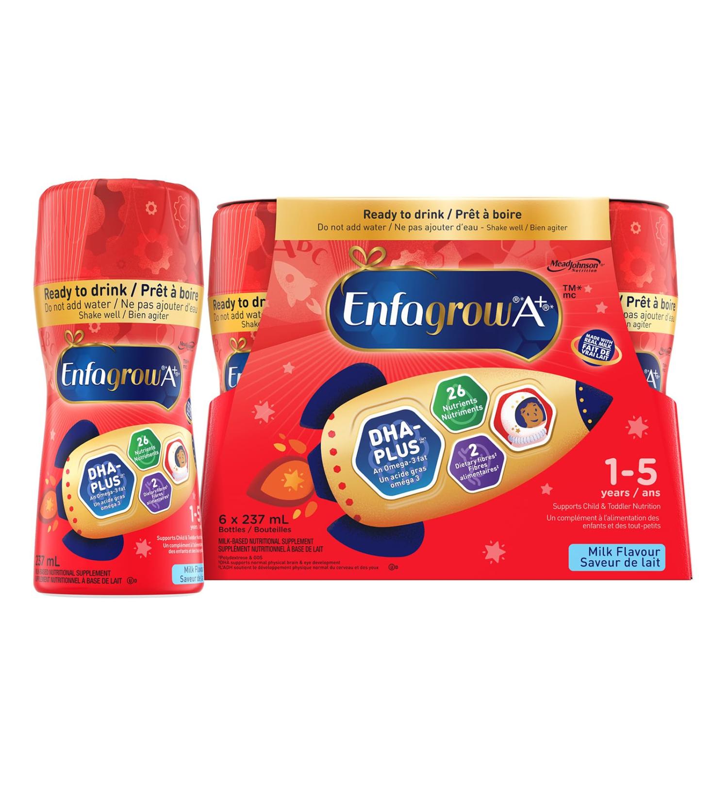 Enfagrow A+ Child & Toddler Nutritional Drink Ready To Drink Bottles 26 Nutrients Milk Flavour with Brain Building DHA a type of Omega-3 fat Age 1-5 Years 237ml x 6 count - Buy Online on GoSupps.com