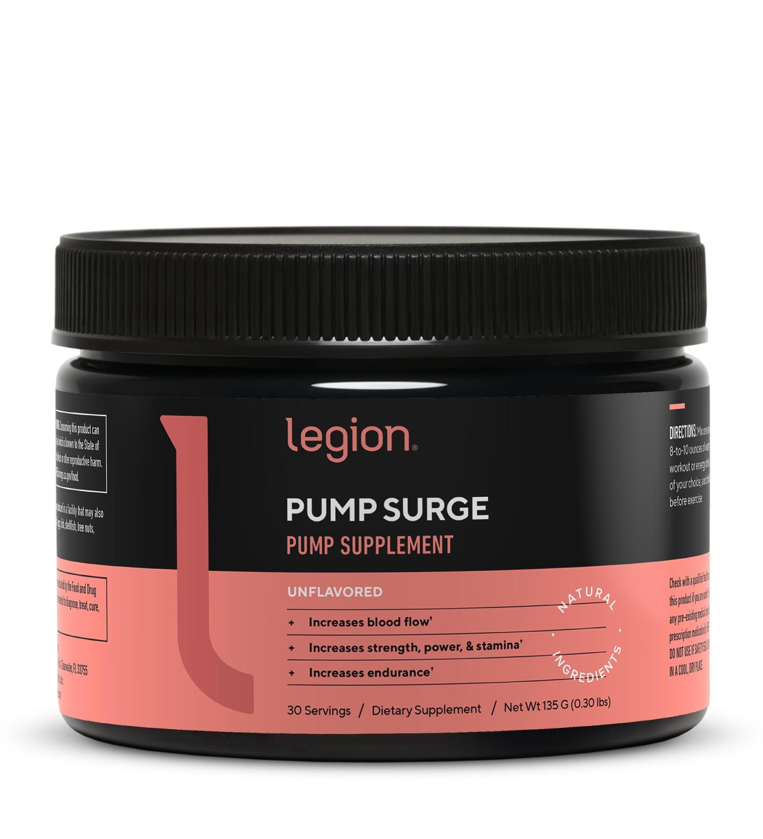 LEGION Pump Surge Booster - Arginine Nitric Oxide Supplement for Strength & Stamina - Unflavored 30 Servings | Boost Muscular Efficiency - Buy Online on GoSupps.com