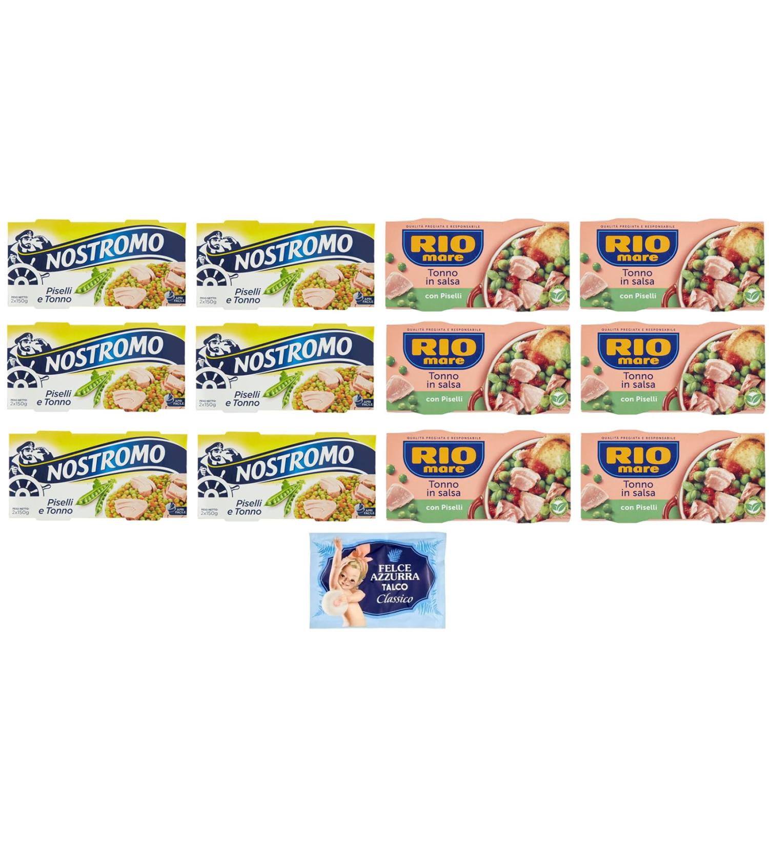 Rio Mare Nostromo Pack of 12 Tuna and Pea Test Sachets 150g + 1 Felce Azzurra Talcum Powder Sachet 100g - Buy Online on GoSupps.com