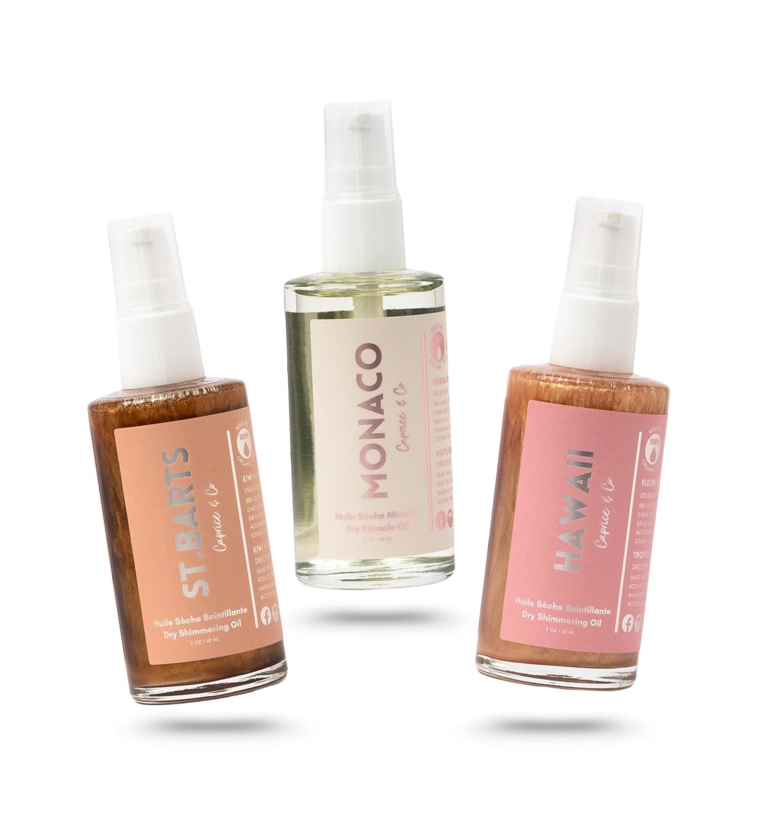 Caprice & Co Miracle Body Oils Trio 2 oz of Monaco Hawaii St. Barts Travel Size Scented Dry Body Oil Organic Moisturizing Handcrafted Glow Oils Vacation Shimmer Oil & Body Care for Women - Buy Online on GoSupps.com