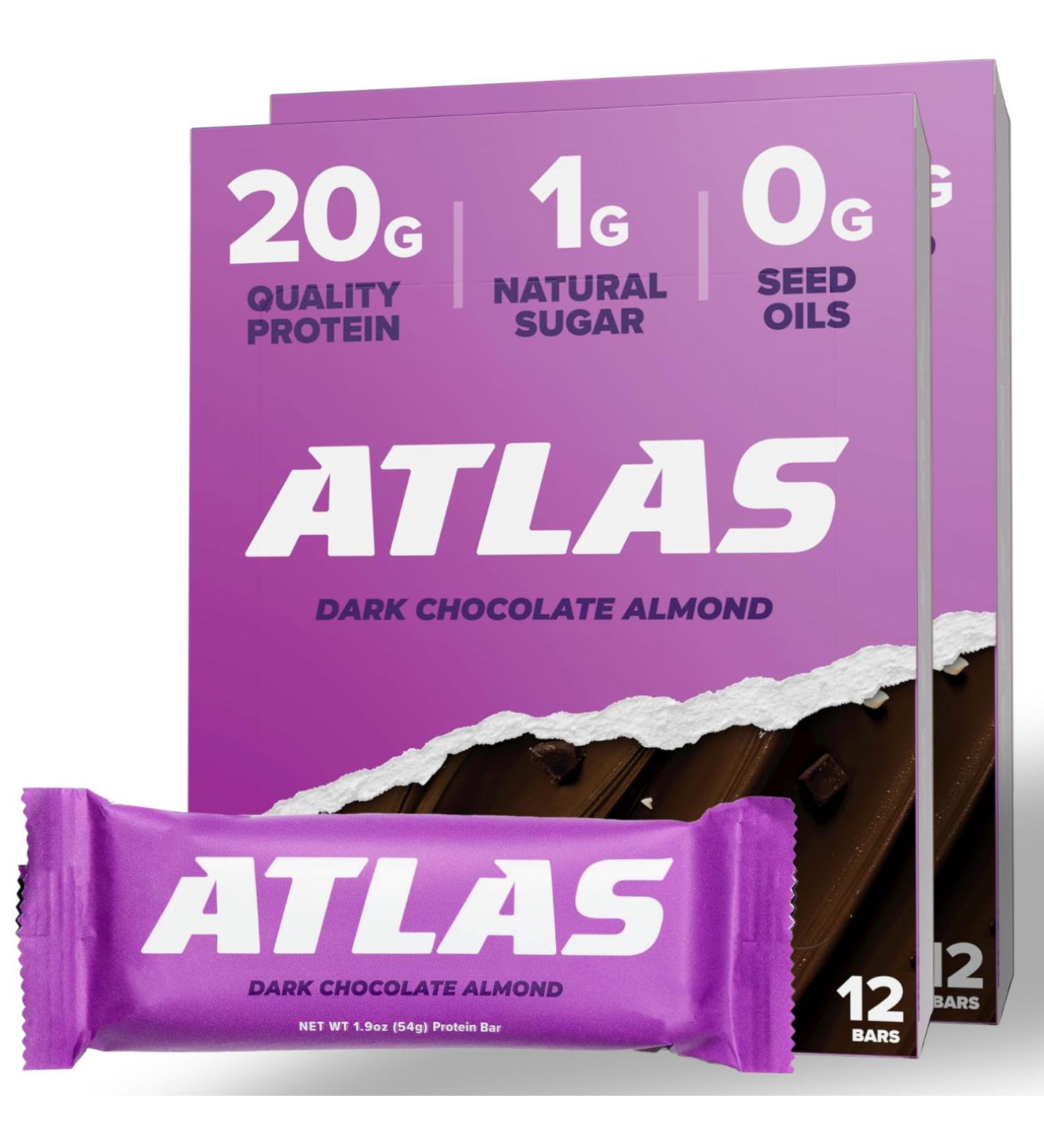 Atlas Bar 20g Protein, 1g Sugar, 0g Seed Oils, 0g Artificial Sweeteners (Dark Chocolate Almond) (24 Count, Dark Chocolate Almond) - Buy Online on GoSupps.com