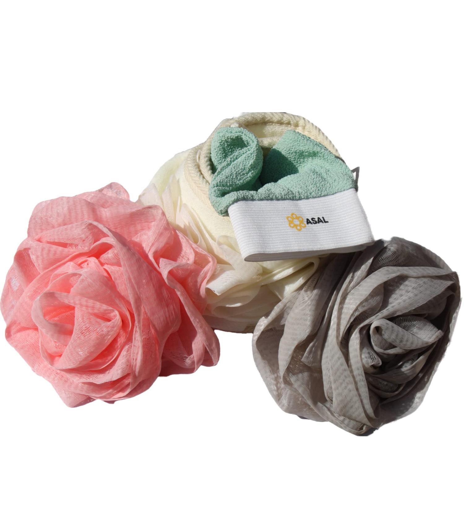 Shower Rose Flowers Bath Loofah Sponge Balls & Exfoliating Glove Set for Skin Care - Men Women Self Care - Buy Online on GoSupps.com