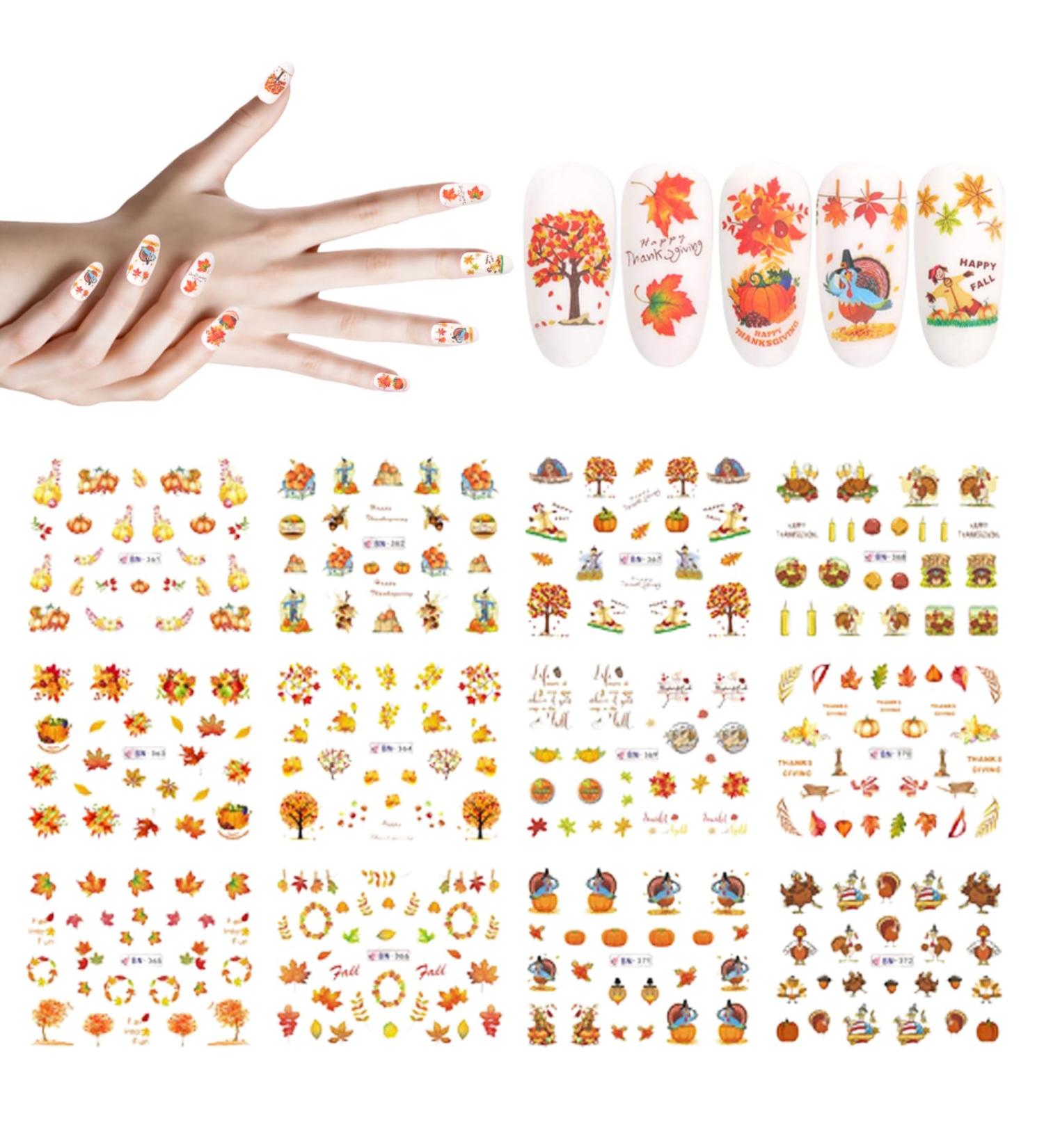 12 Sheets/Set Fall Nail Stickers Autumn Maple Leaves Pumpkin Turkey Nail Art Stickers Thanksgiving Themed Water Transfer Nail Decorations Nail Stickers - Buy Online on GoSupps.com