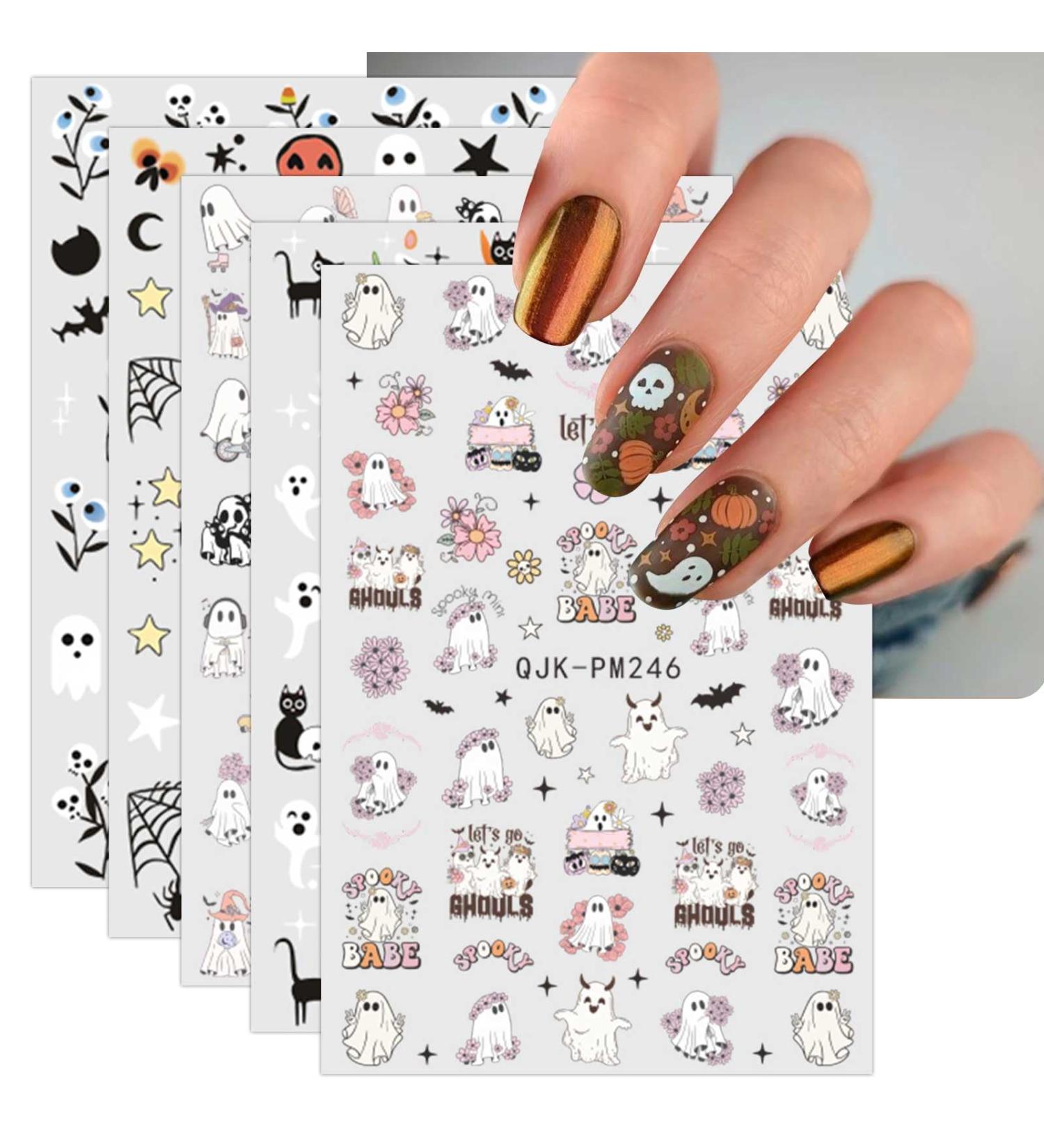 JMEOWIO 9 Sheets Halloween Nail Art Stickers Decals Self-Adhesive Cute Pink Flower Ghost Nail Supplies Nail Art Design Decoration Accessories - Buy Online on GoSupps.com