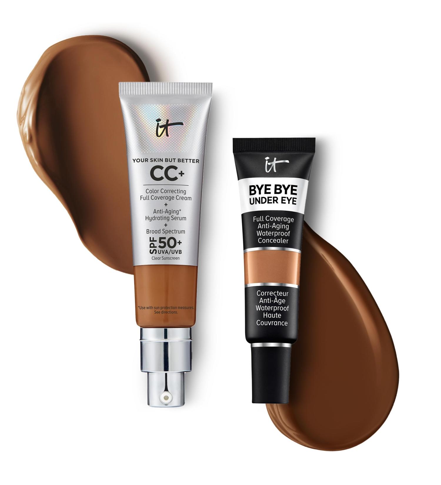 IT Cosmetics CC+ Cream with SPF 50+ Natural Finish Full Coverage Foundation (Neutral Rich - 1.08 fl oz) & Bye Bye Undereye Concealer Anti-Aging Makeup (40.5 Deep - 0.4 fl oz) - Buy Online on GoSupps.com