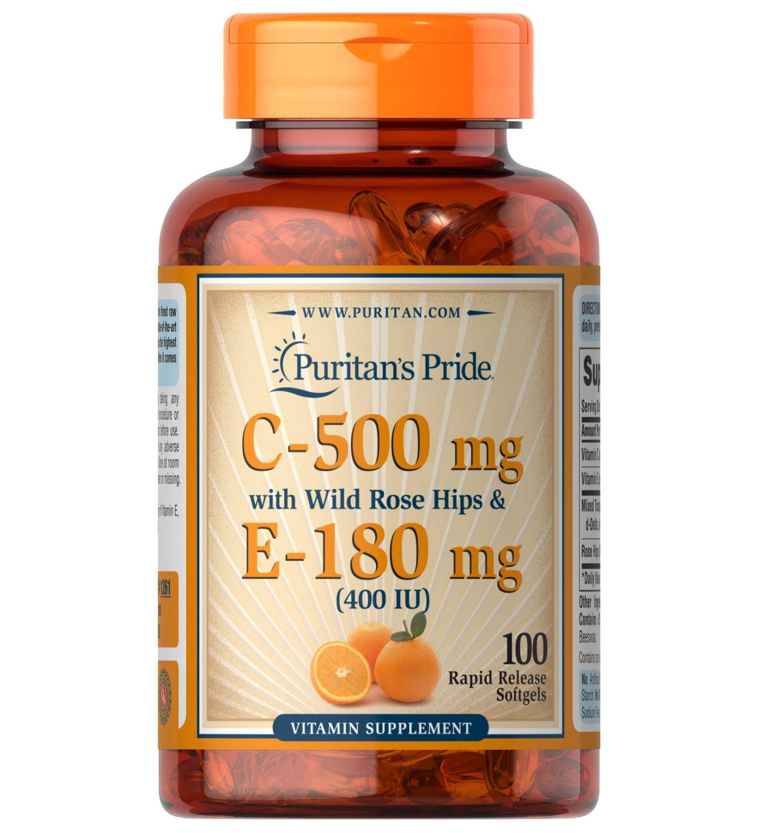 Puritans Pride Vitamin C & E with Rose Hips - Immune & Antioxidant Support - 100 Softgels - Buy Online on GoSupps.com