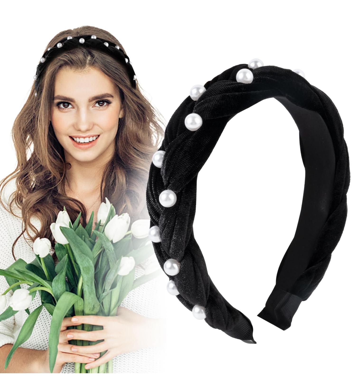 Bethininess Vintage Braided Headband with Pearls - Rockabilly Fashion Hair Accessories for Women & Girls - Black Padded Wide Hair Band - Buy Online on GoSupps.com