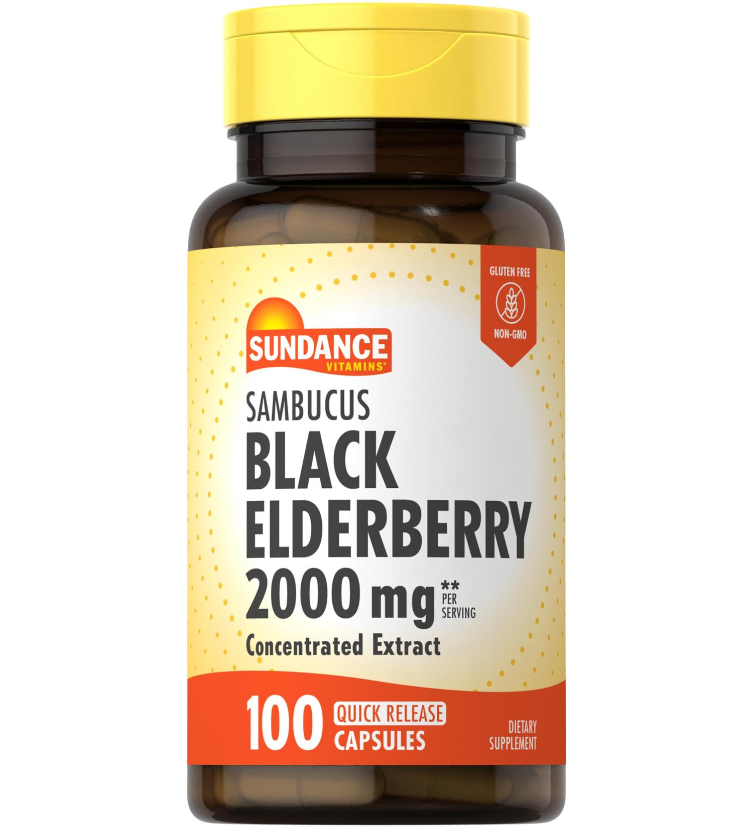 Sundance Sambucus Black Elderberry Capsules | 2000mg | 100 Count | Non-GMO and Gluten Free Supplement - Buy Online on GoSupps.com