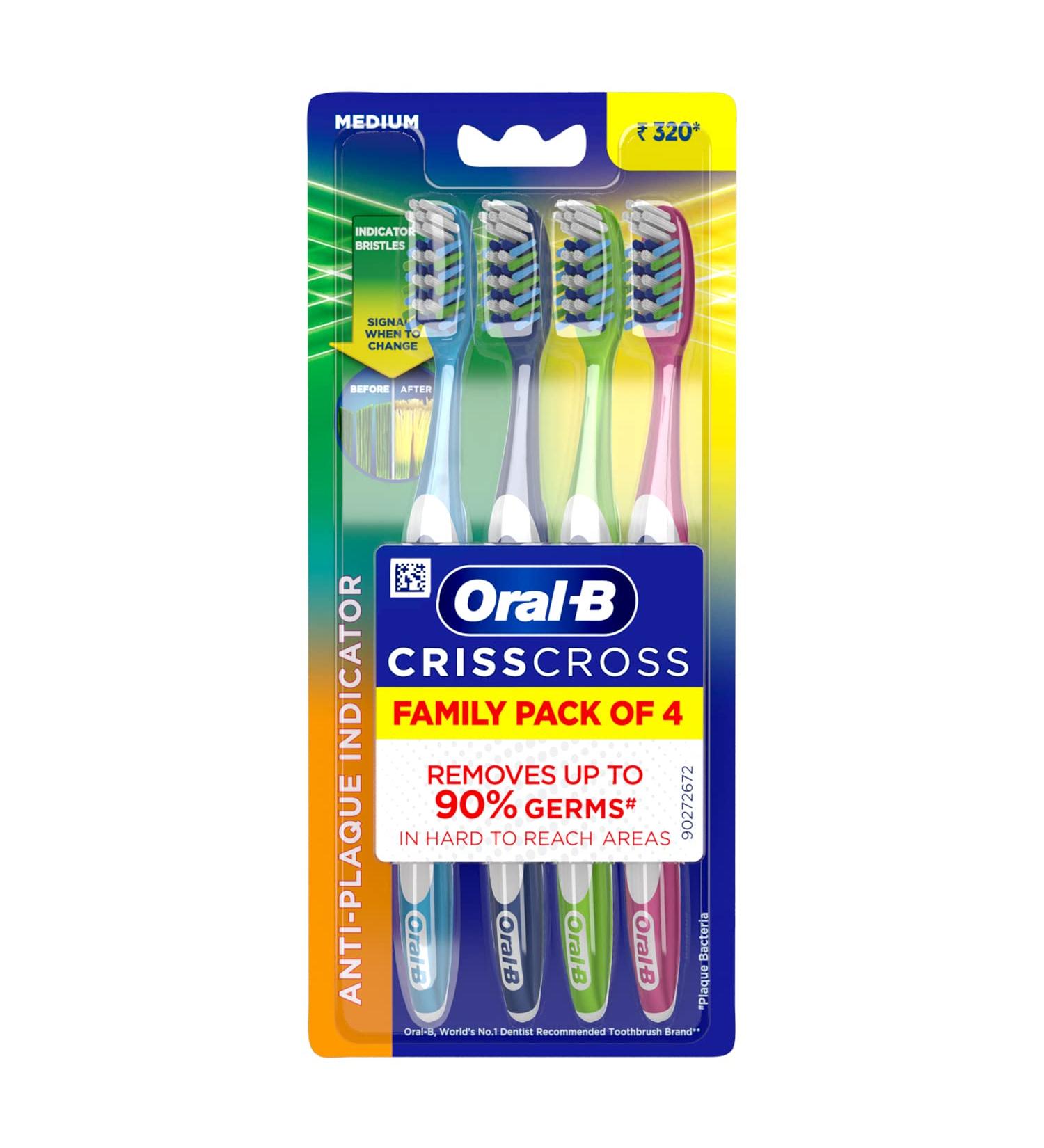 Oral B Criss Cross Family Pack of 4 Medium Toothbrushes Multi-Colour Manual Adult Toothbrushes Buy Online International Shipping Available - Buy Online on GoSupps.com