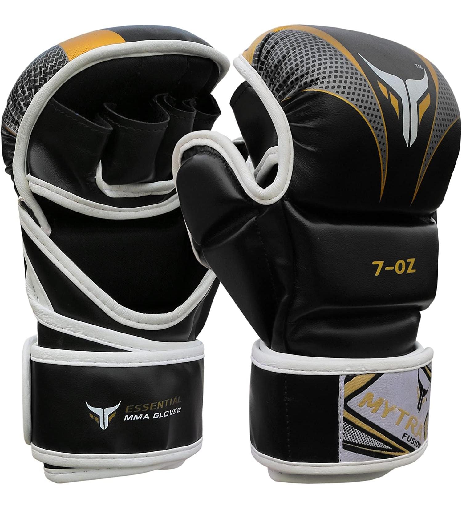 Mytra Fusion MMA Gloves | Open Palm Adjustable Wrist Support | Ideal for Grappling Cage Fighting & Combat Sports | S/M Black/Gold - Buy Online on GoSupps.com