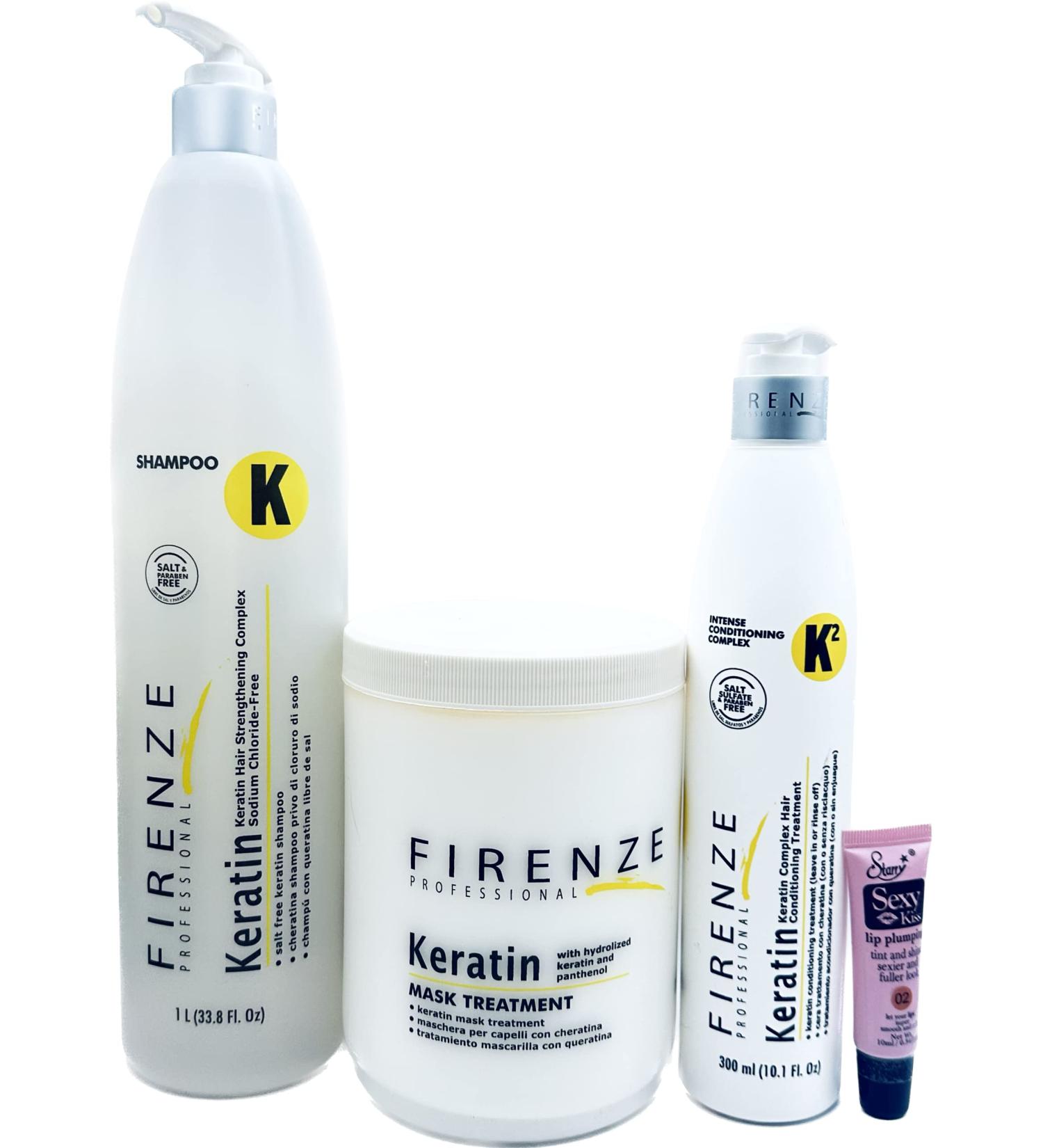 Firenze Professional Keratin Salt-Free Shampoo & Mask Set + Leave-in Treatment - 44.9 oz - Free Starry Lip Gloss - Buy Online on GoSupps.com