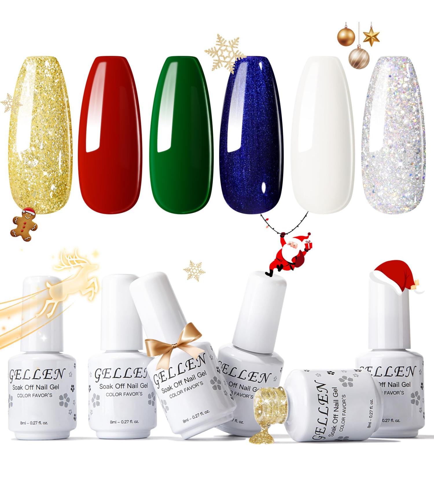 Gellen Gel Nail Polish Kit - Christmas Festive White Green Red Blue Silver Gold Glitter Gel Polish Kit 6 Colors Collection for Christmas Holiday DIY Salon/Home Manicure Festival Gift Set For Women Golden Paradise - Buy Online on GoSupps.com