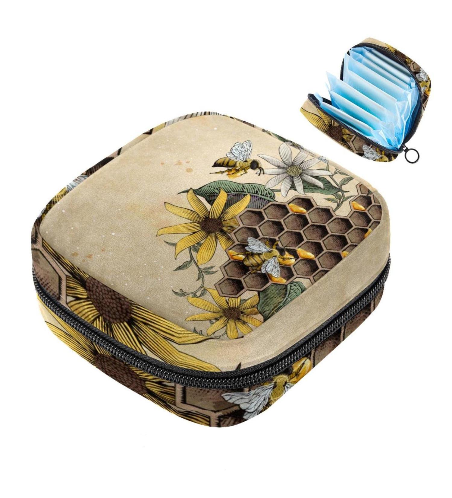 Menstruation Pad Bag with Zipper | Retro Honeybee Design | Womens Napkin & Tampon Collecting Bags - Buy Online on GoSupps.com