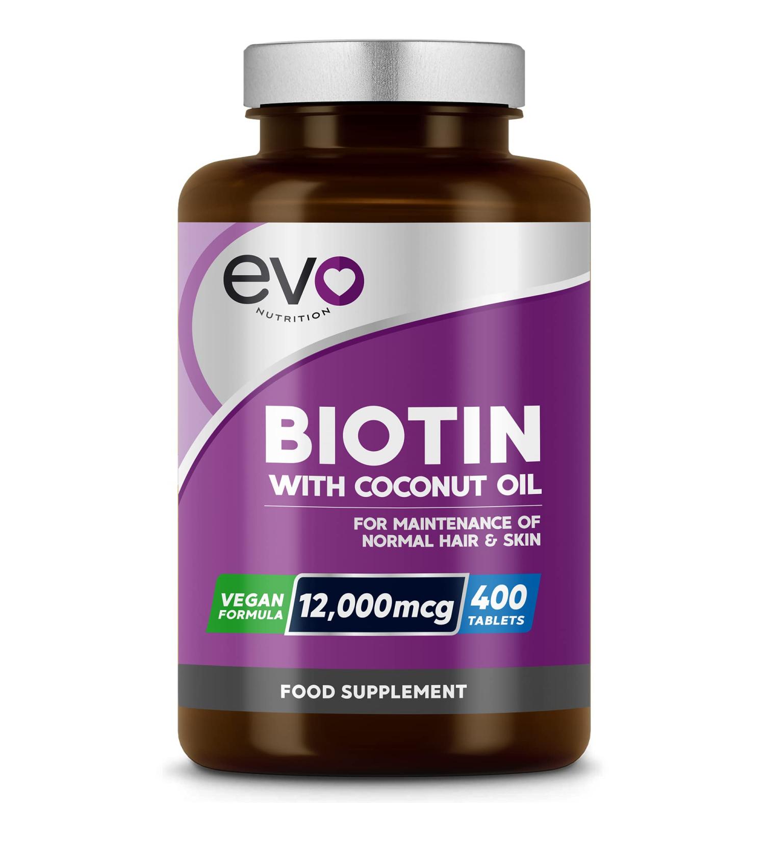 Biotin Hair Growth Supplement 12 000mcg with Coconut Oil | 400 High Strength Tablets for - 13 Month Supply Vitamin B7 Supports Normal Skin & Made in UK by EVO Nutrition - Buy Online on GoSupps.com