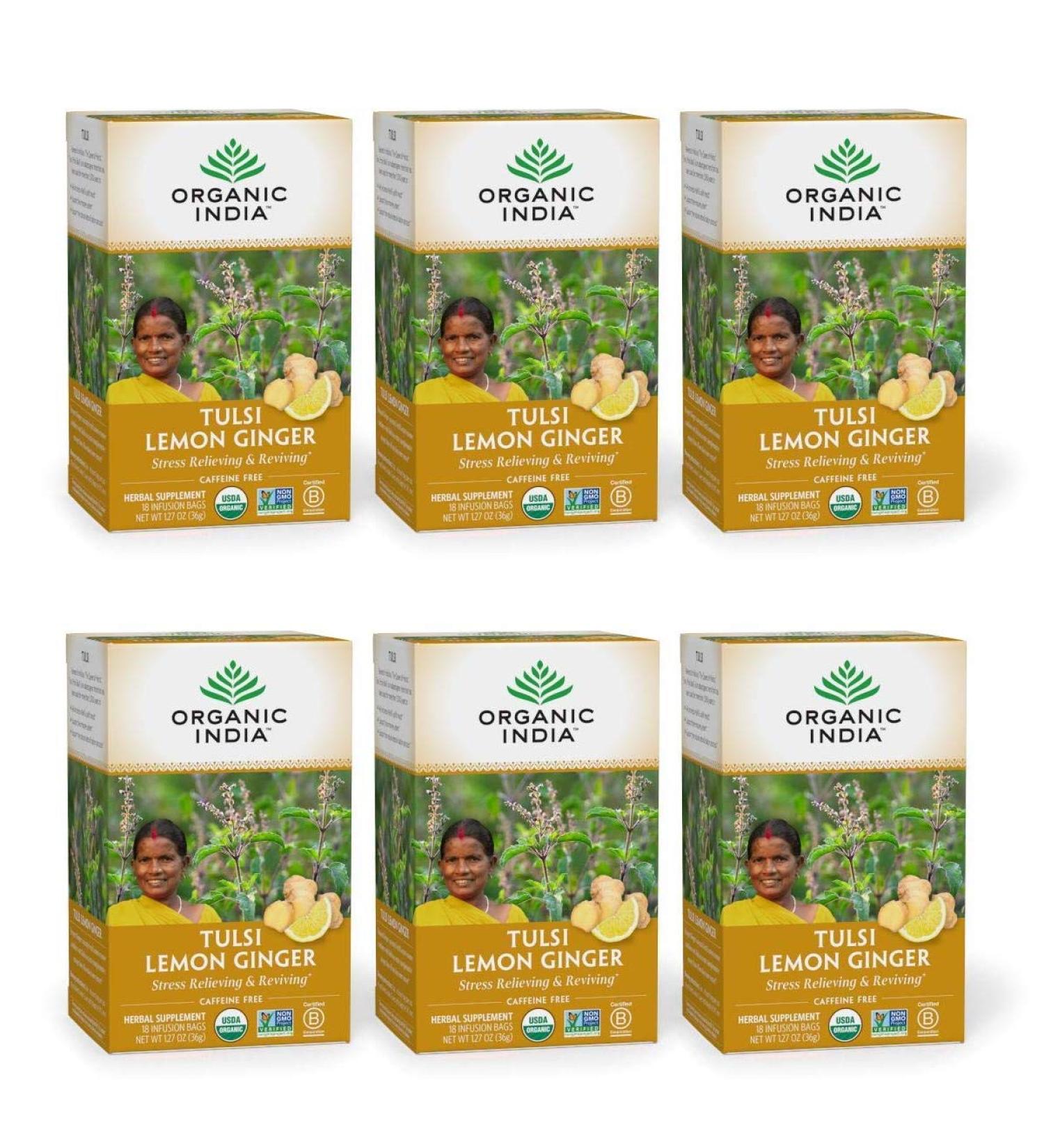Organic India Tulsi Tea - Lemon Ginger, Caffeine-Free, 18 Infusion Bags (1.27 oz) - Buy Online on GoSupps.com