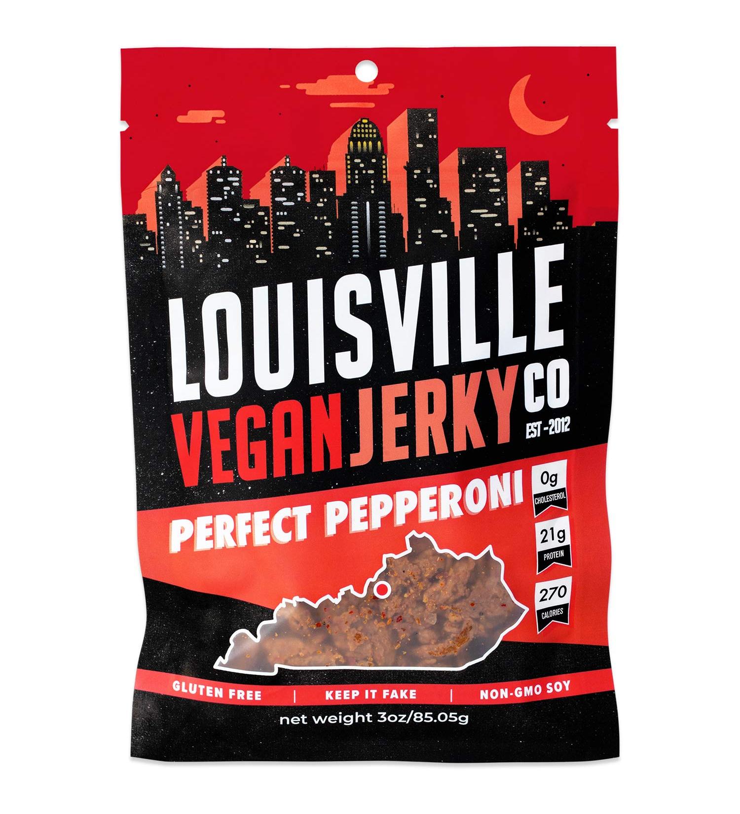 Louisville Vegan Jerky - Perfect Pepperoni 3 oz (Pack of 1) | Vegetarian & Vegan-Friendly - Non-GMO Soy Protein - 270 Calories - Gluten-Free Ingredients - Buy Online on GoSupps.com