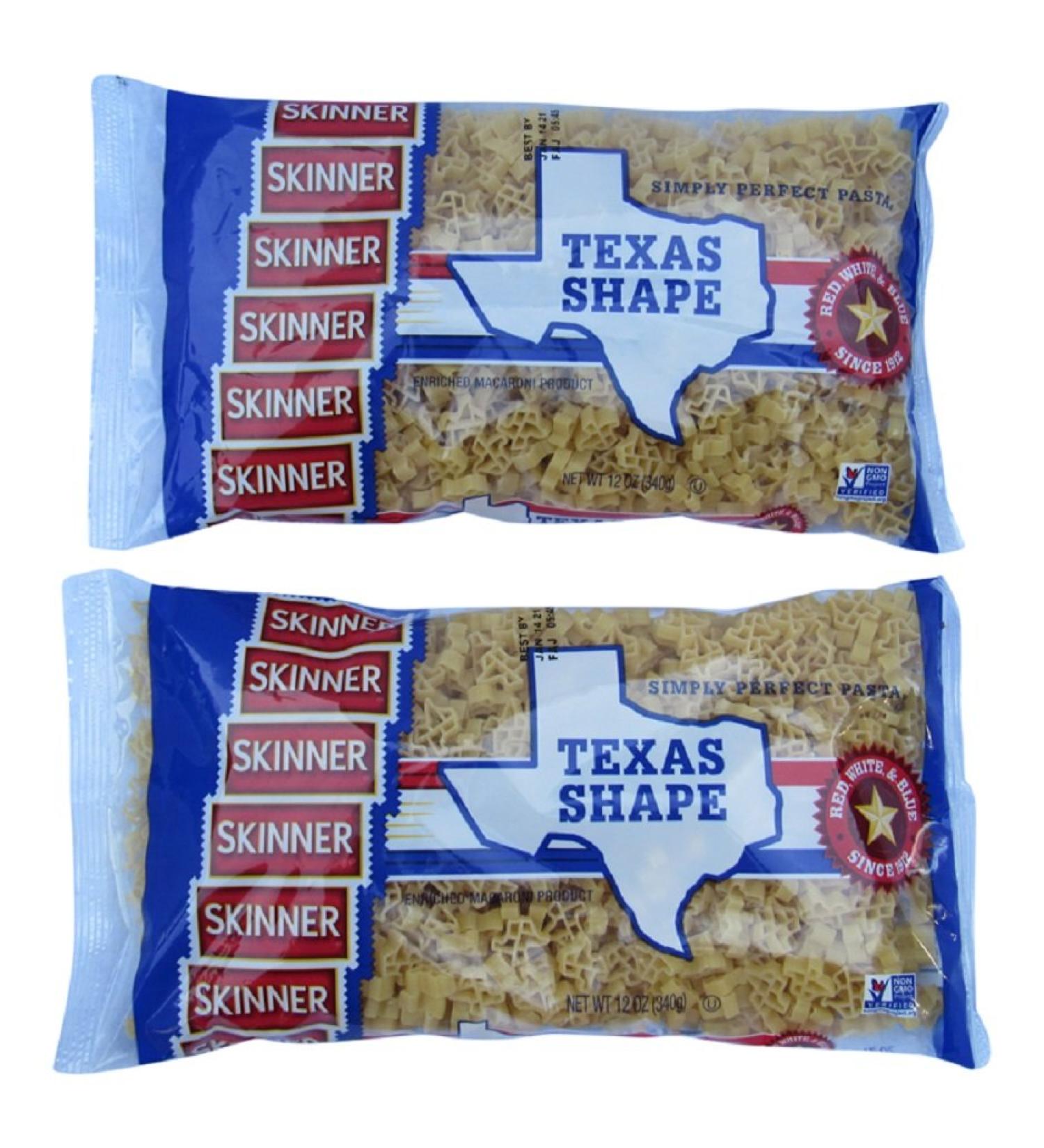 Skinner Texas Shaped Pasta, Non-GMO, Low Fat, Sodium Free, Cholesterol Free (2 Bags, 12 Oz Each - 24 Oz Total)