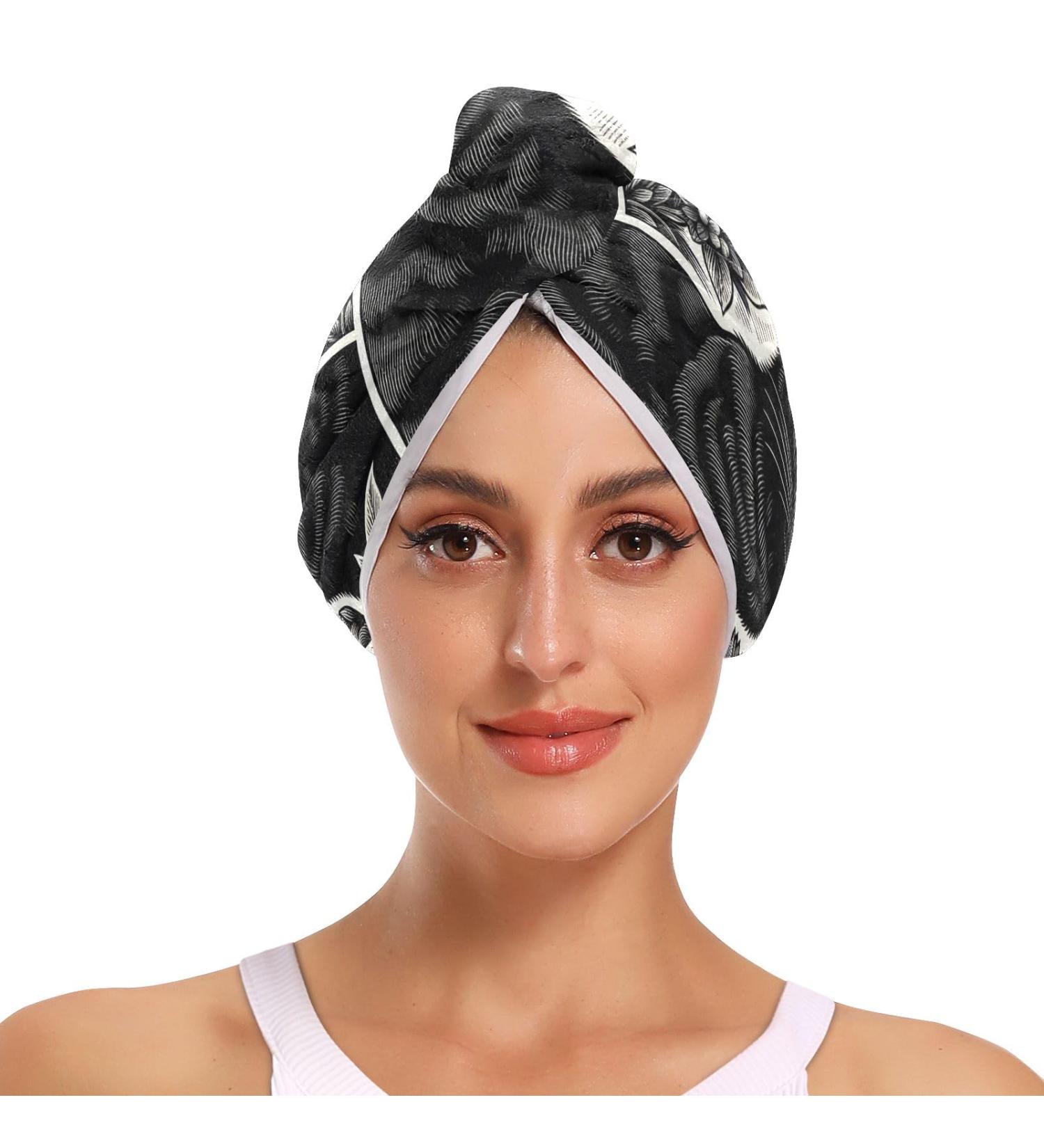 Black Cats & Flowers Hair Towel Set - Super Absorbent Quick Dry Hair Turbans for Women & Girls | International Shipping - Buy Online on GoSupps.com
