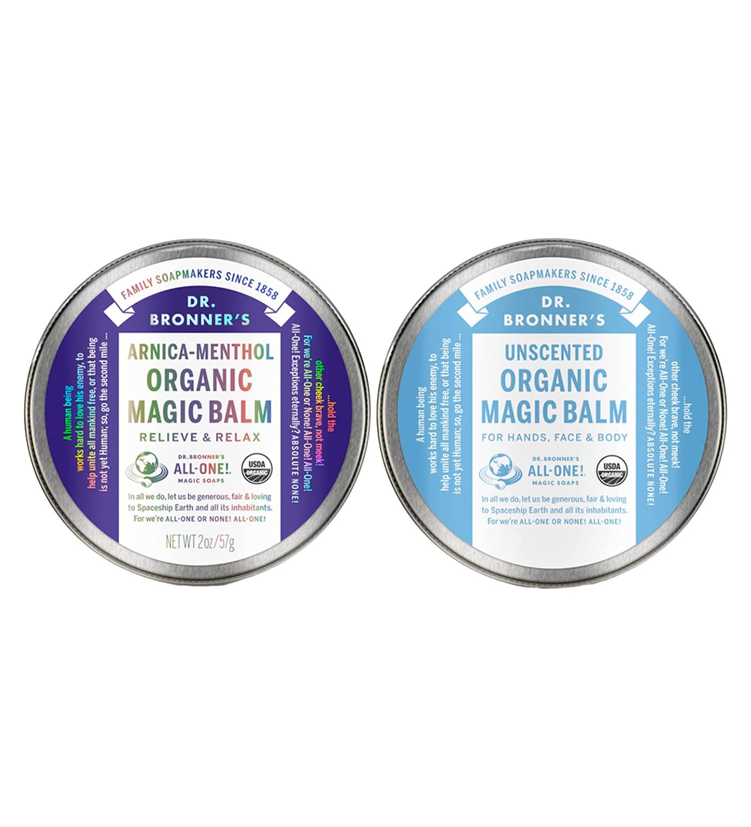 Dr. Bronner's Organic Magic Balm Variety Pack - 2oz Arnica-Menthol & Baby Unscented | Made with Beeswax & Hemp Oil for Hands, Face & Body - 2 Count - Buy Online on GoSupps.com