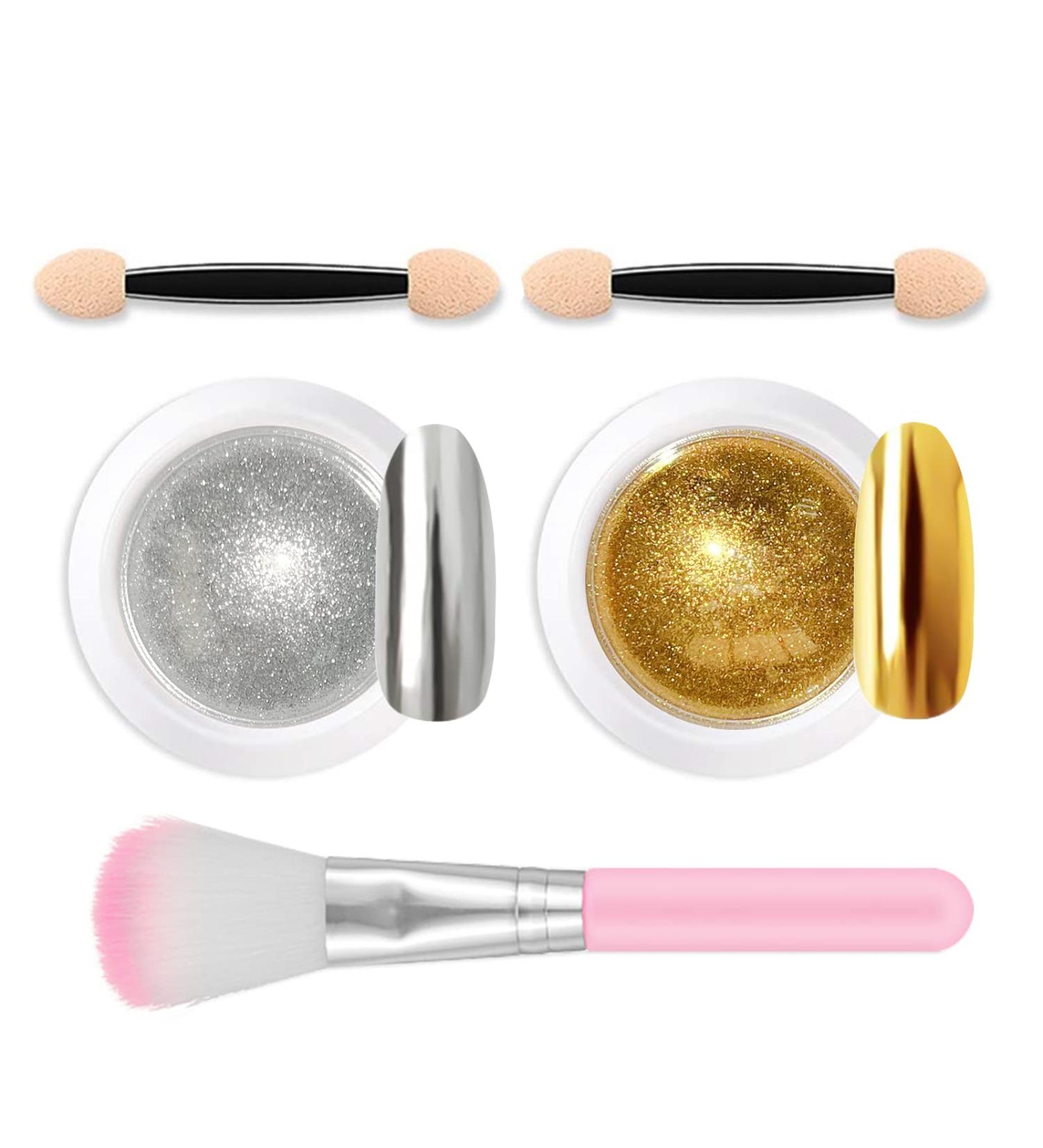 Lofuanna Chrome Nail Powder - Holographic Gold & Silver Pigment for Nail Art with Eyeshadow Sticks - 2 Jars, 0.5g each - Buy Online on GoSupps.com