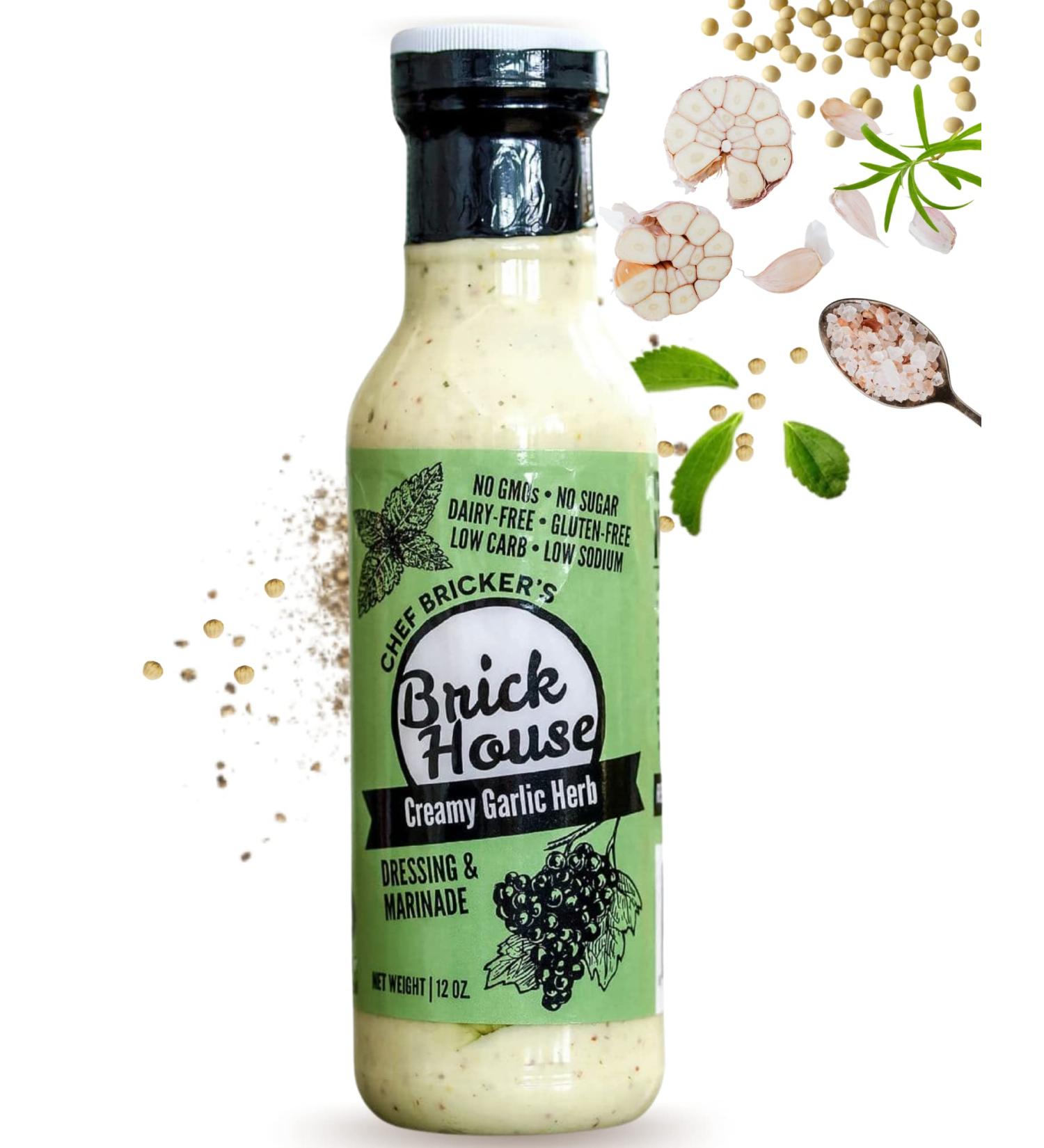 Brick House Vinaigrettes Creamy Garlic Herb Sugar-Free Salad Dressing with Organic Stevia - 12oz (1 Pack) | Low Sodium, Paleo, Low Carb, Keto-Friendly - Buy Online on GoSupps.com
