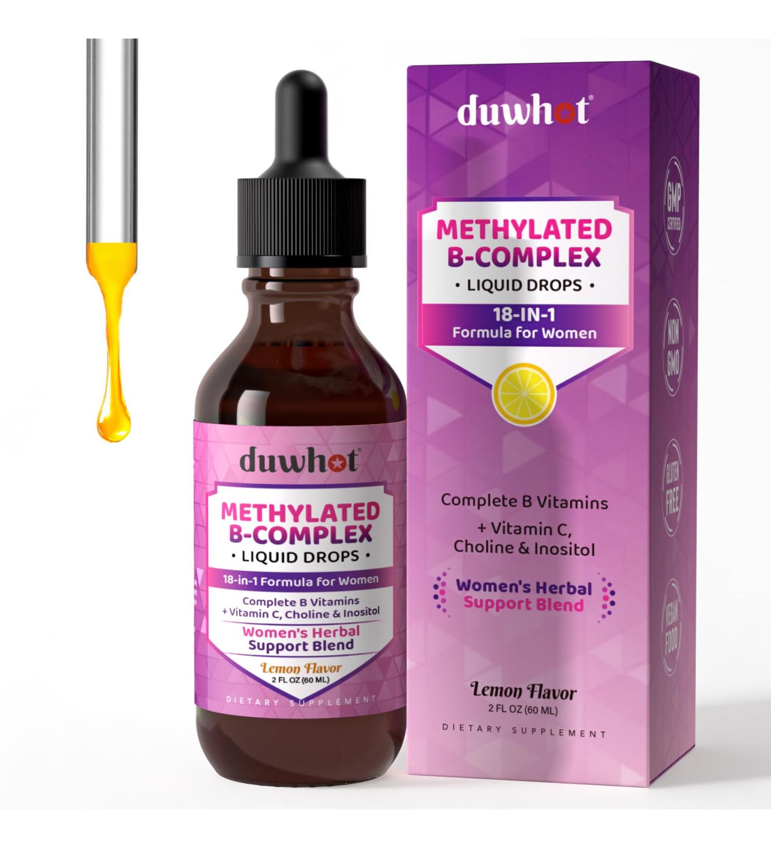 duwhot Methylated B-Complex Liquid Drops for Women Vitamins B1 B2 B3 B6 B9 B12 1000 mcg with C Choline Magnesium Inositol & Herbal Blend High Absorption Lemon Flavor 2 Fl Oz - Buy Online on GoSupps.com