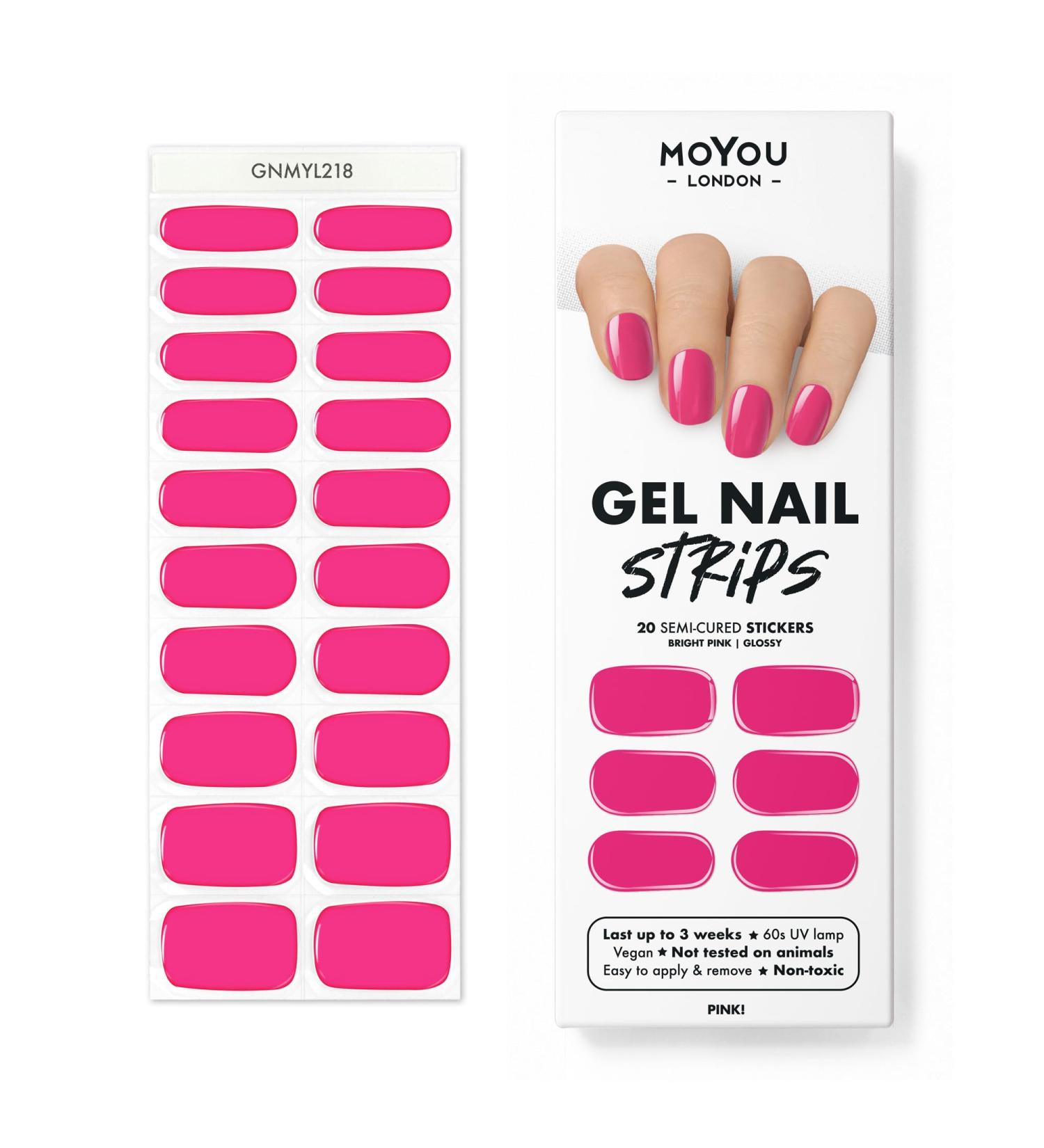 MOYOU LONDON Semi Cured Gel Nail Strips 20 Pc. Gel Wraps for Nails Get 1 Free UV Lamp when you Get 3 or More Easy Apply & Remove for Salon-Quality Manicure -PINK!