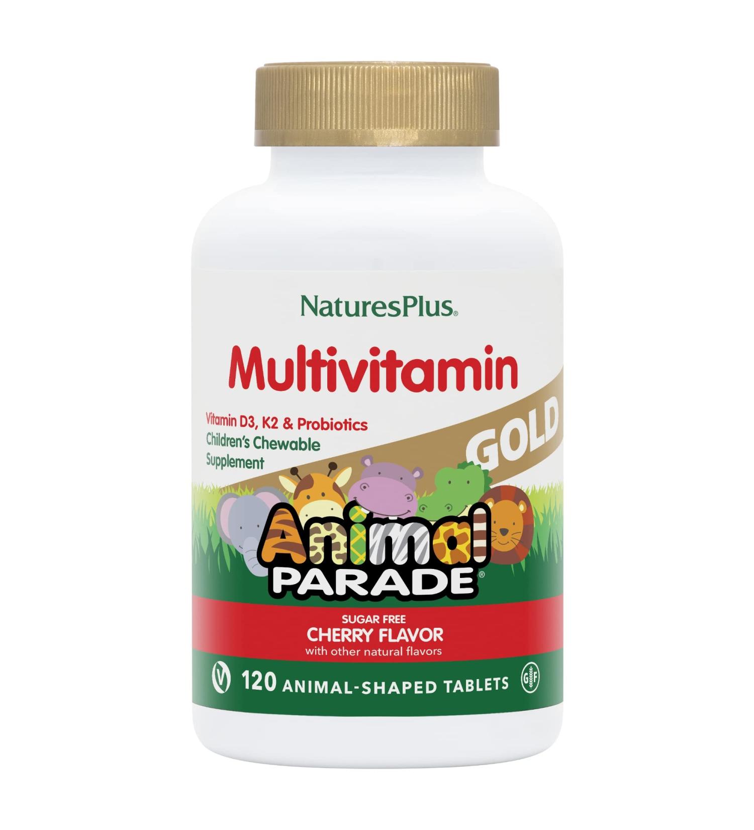 NaturesPlus Animal Parade Gold Children's Multivitamin - Natural Cherry Flavor - 60 Chewable Tablets - Vitamin D3, K2, Probiotics - Vegetarian & Gluten Free - Buy Online on GoSupps.com