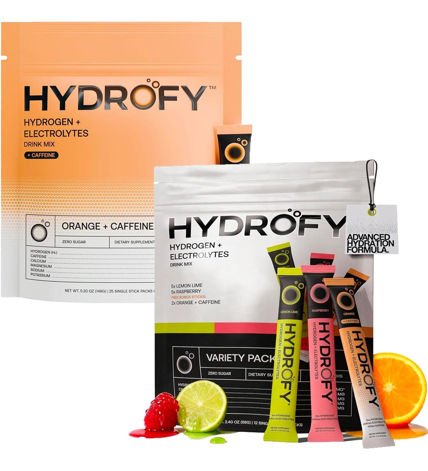 Hydrofy Hydrogen Water + Electrolytes Bundle | Orange + Caffeine 25ct & Variety Pack 12ct | H2 Hydration Packets with Molecular Hydrogen Sodium Potassium Magnesium Calcium | 37 Servings | No Sugar - Buy Online on GoSupps.com