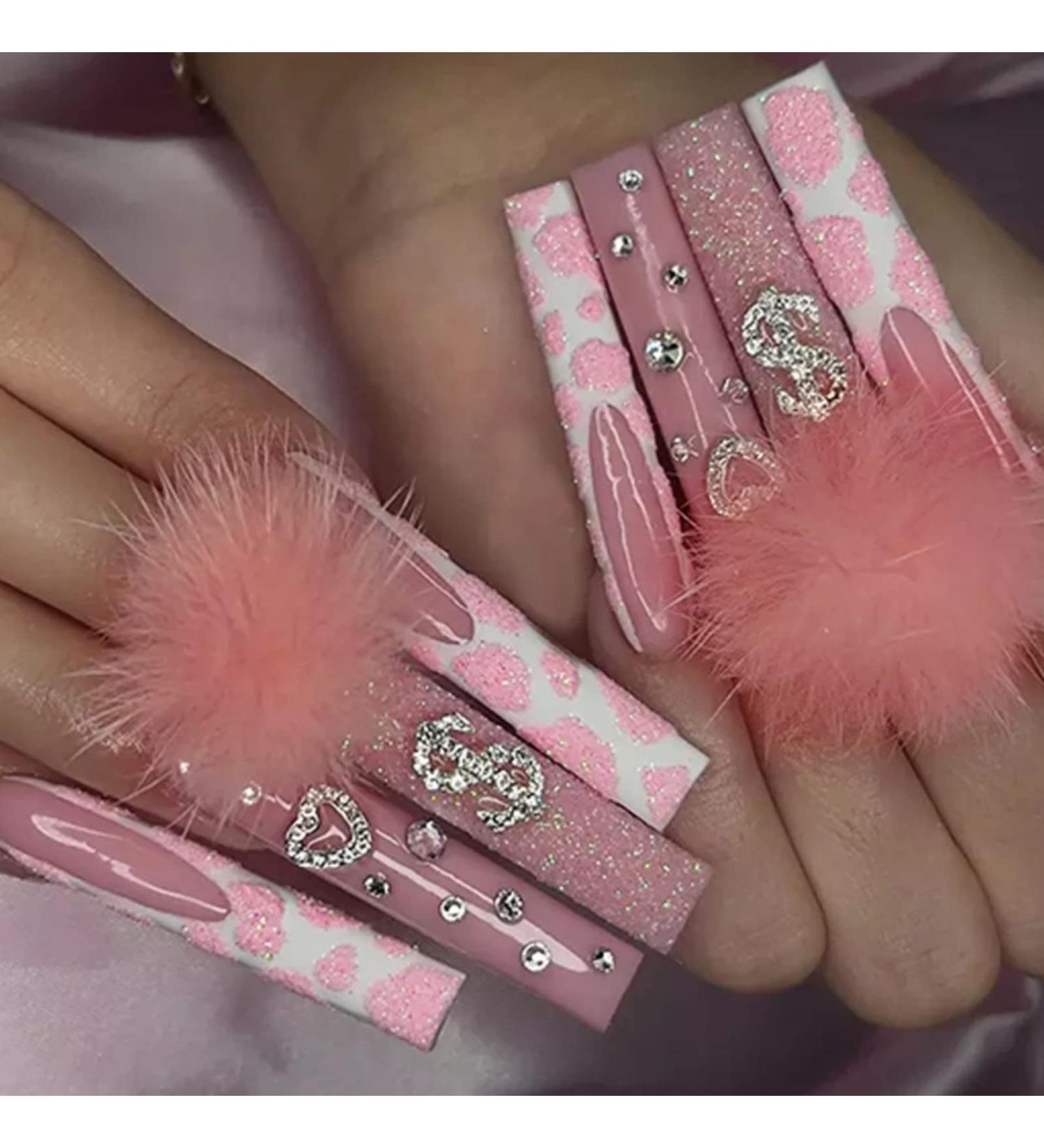 Justotry 24-Piece Pink Glitter Coffin Nails with Rhinestones - Ballerina Press-On Artificial Nails with Glue for Women - Buy Online on GoSupps.com