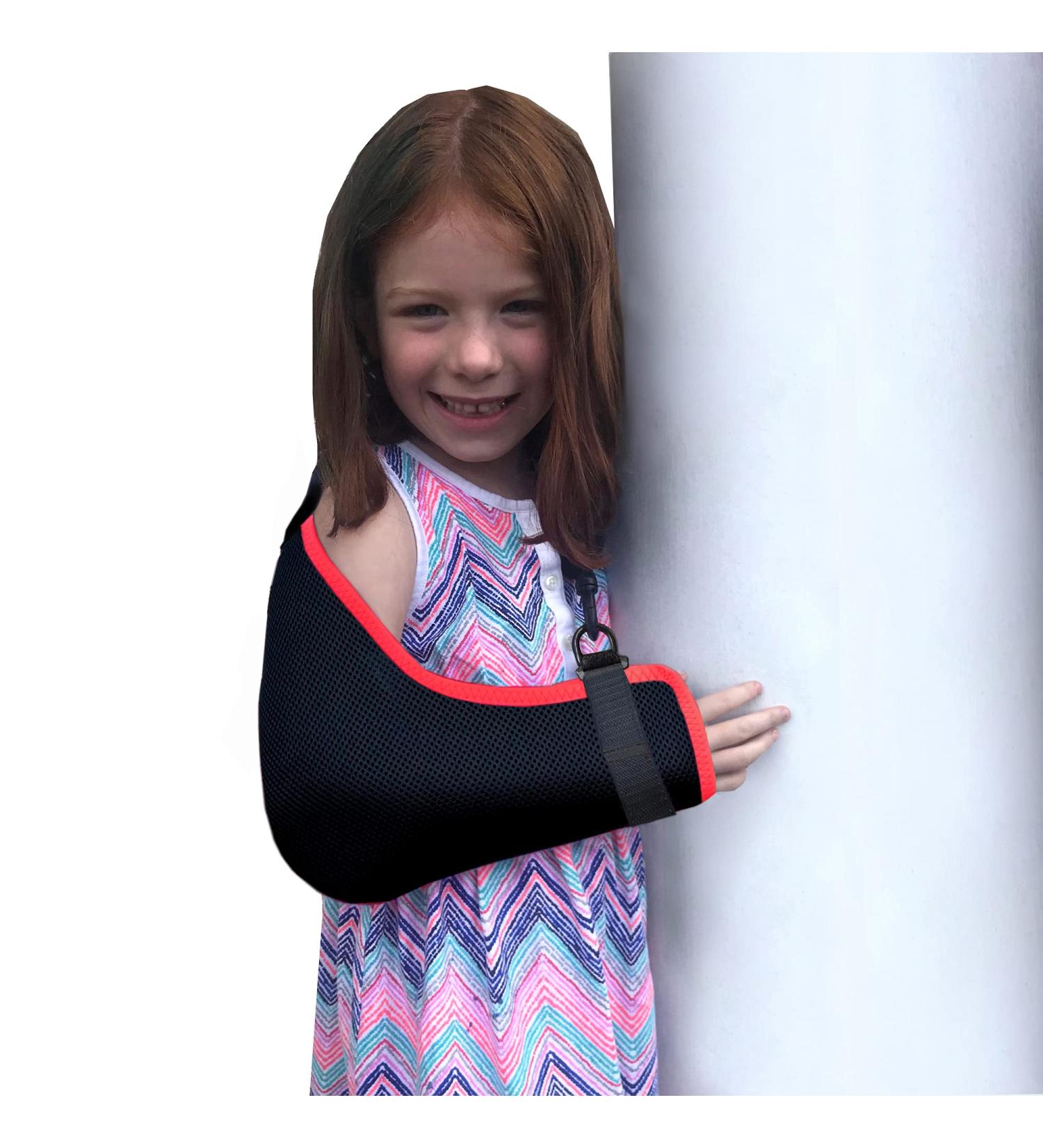 4DflexiSPORT Arm Sling Child (4-5yr black/red trim) Medical Grade Extra Deep Feel-safe Easy-fit Cooling Ultra-comfort Includes Smiley Sticker. Fits R or L arm.