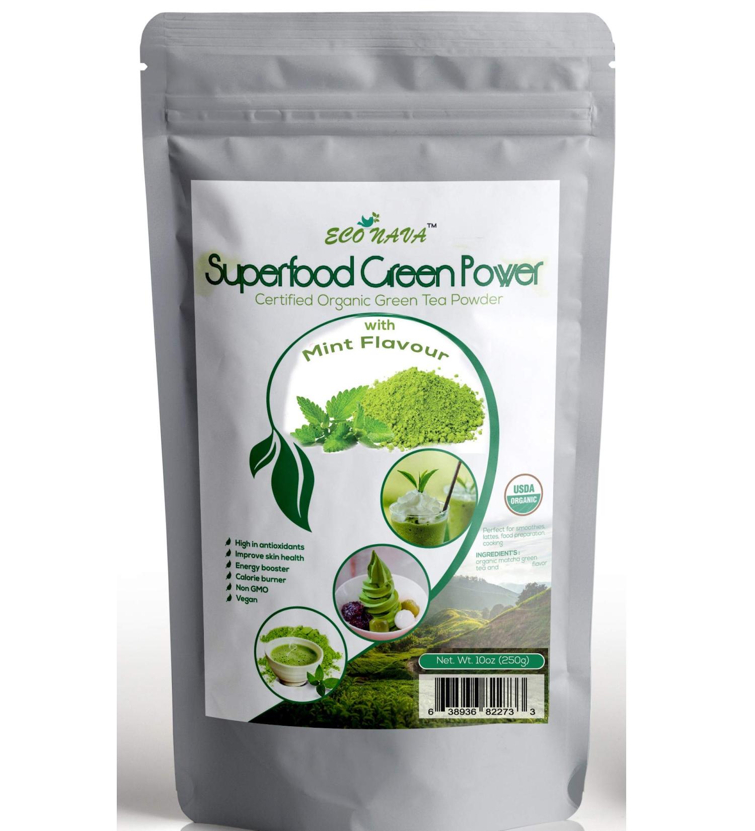 Mint Matcha Green Tea Powder - ECO NAVA - Certified USDA Organic - GMO Free - 100% Natural - Premium Grade Matcha Tea Powder for Making Cake Smoothie Latte & Baking - 250g / 9oz Bag - Buy Online on GoSupps.com