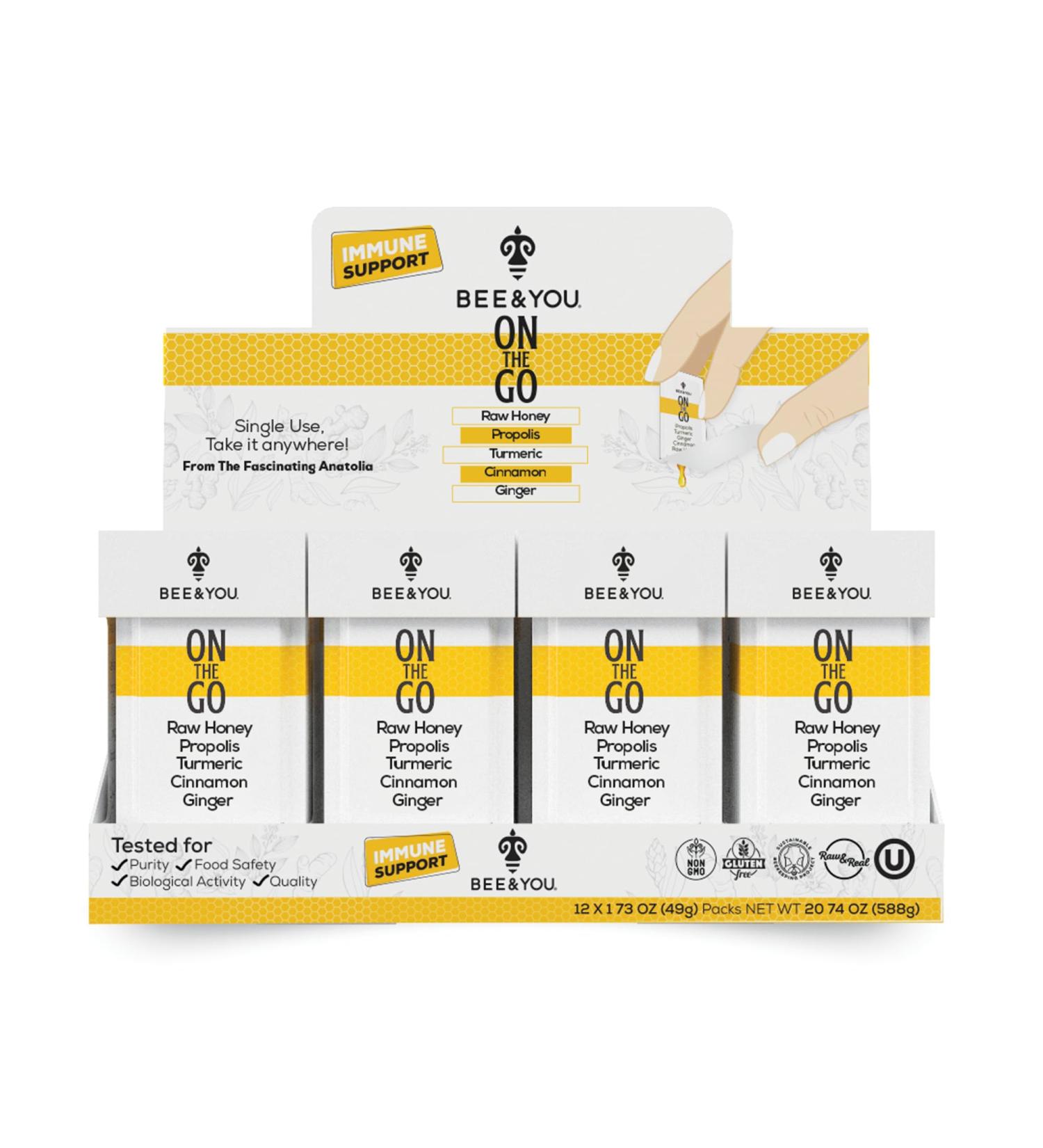 Bee and You On The Go Immune Support Supplement Raw Honey Propolis Turmeric Cinnamon Ginger Superfrood Great Tasting for Kids and Adults 12 Pack 1.73 oz Each - Buy Online on GoSupps.com