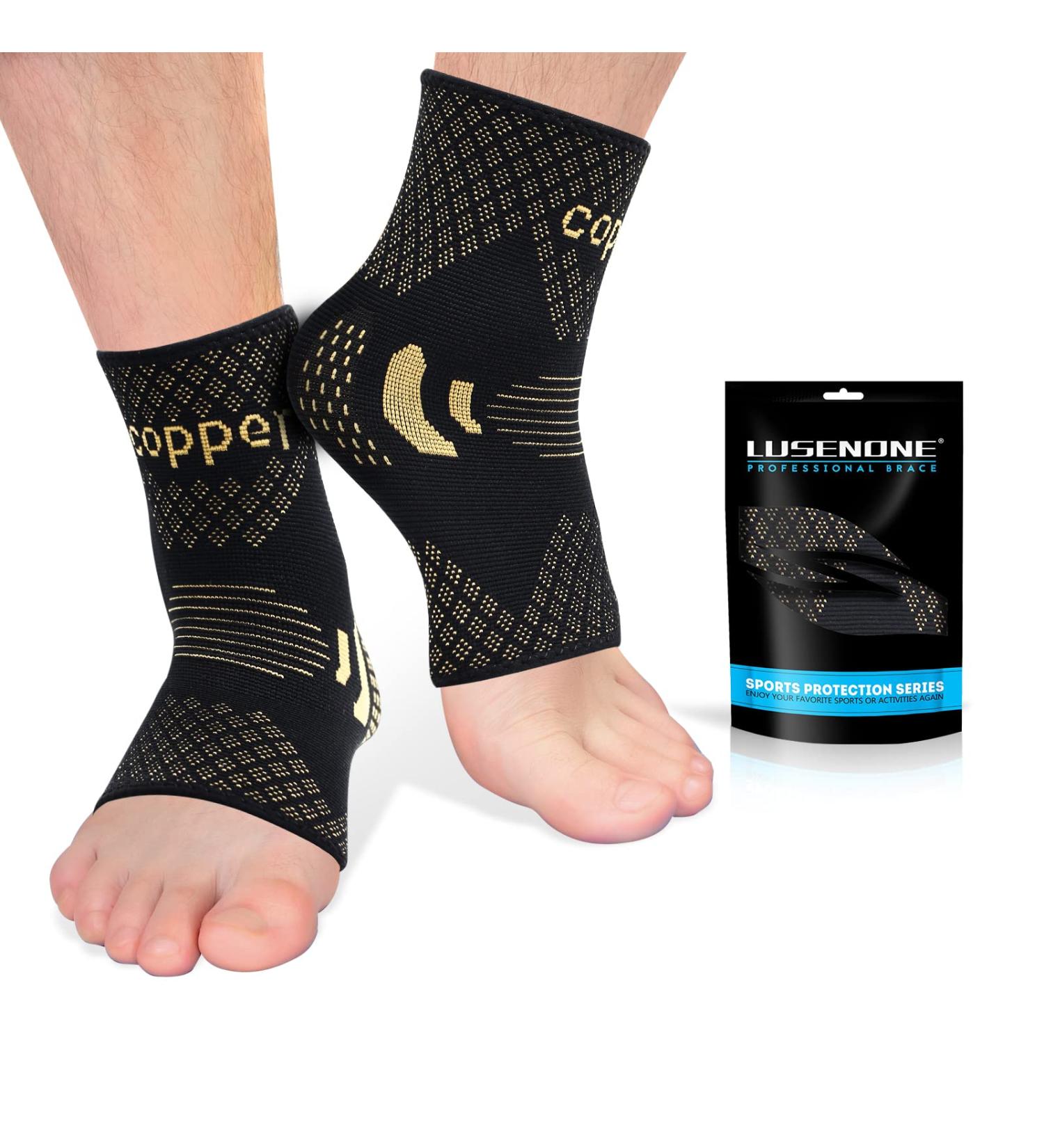 Lusenone Copper Ankle Brace Support (Pair) - Best Compression Sleeve for Plantar Fasciitis, Sprained Ankle, Achilles Tendon - Pain Relief & Recovery - Sports, Men & Women, Large Black - Buy Online on GoSupps.com
