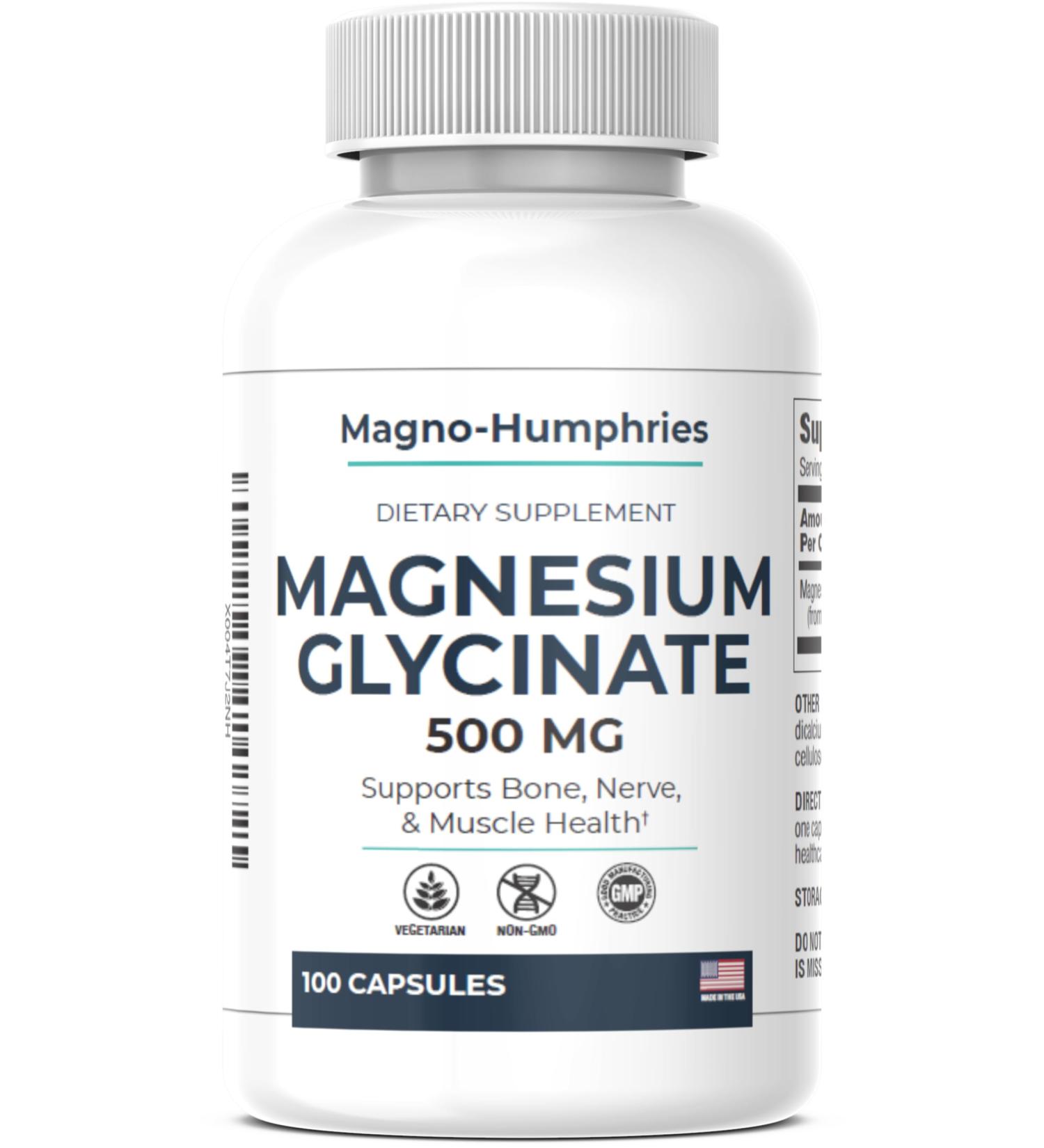 Magno-Humphries Magnesium Glycinate 500 mg - 100 Capsules | Gentle Chelated Form | Muscle Nerve & Bone Support | Dietary Supplement | GMP Manufactured in The USA - Buy Online on GoSupps.com