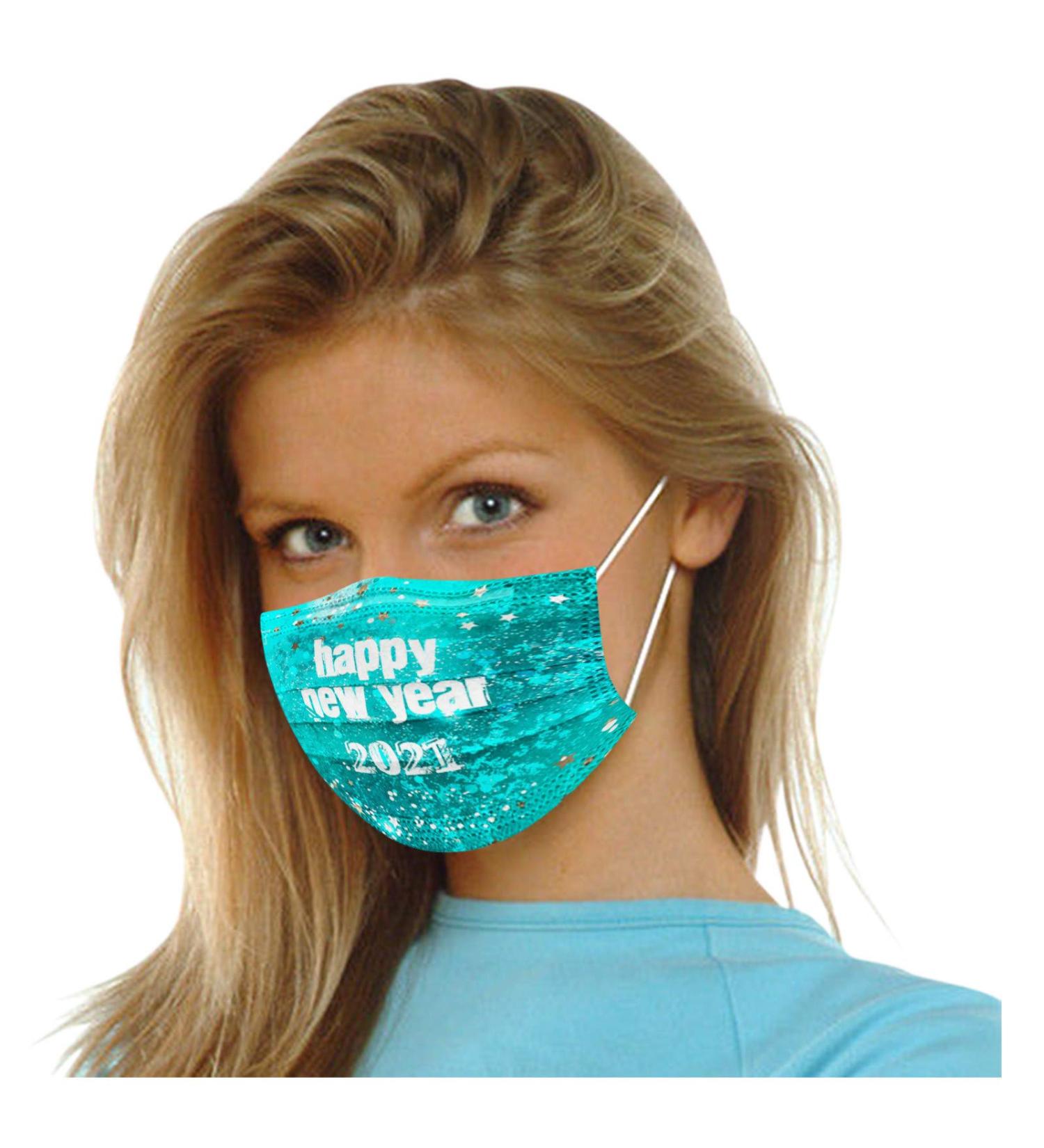 2021 Happy New Years Print Adult Disposable Christmas Facemask 3Ply Breathable Cloth Face_Masks 10PCS - Fits Men and Women Green-10pc - Buy Online on GoSupps.com