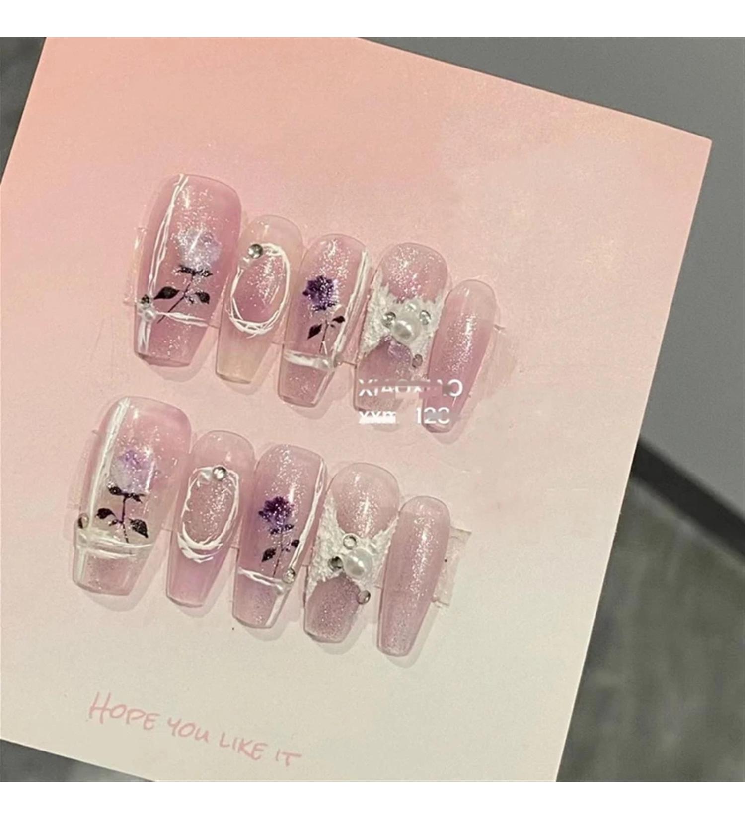 Nail Tips False Nails Tips Art Press on Nails Crystal Handmade Purple Press on Nails Rose Dreamy Long Coffin Tips Designs Fake Nails Glitter False Nails Full Cover Nail Art(S) - Buy Online on GoSupps.com